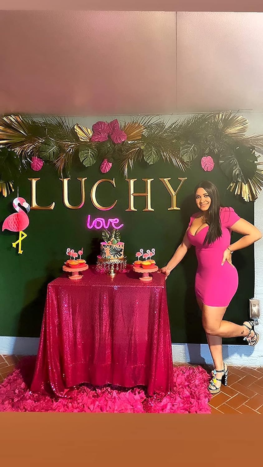 QueenDream Sparkly Sequin Tablecloth - Fuchsia Table Cloth 50x80 Inches Rectangle Table Overlay Fabric for Birthday Parties Baby Shower Decoration