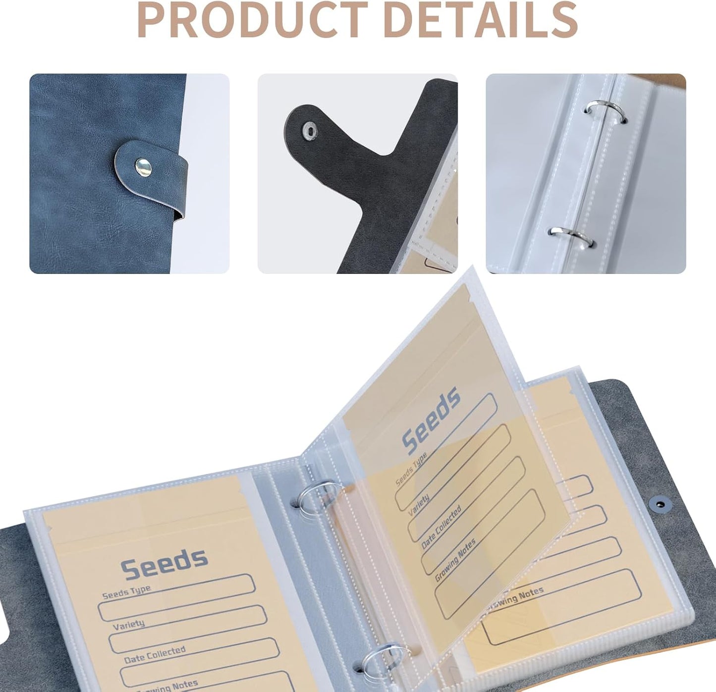 Seed Organizer Binder with 50 PCS Resealable Seed Envelopes - 50 Storage Pockets, 3.5x5 Inch Clear Sleeves, Seed Saver for Garden Lover - Gray