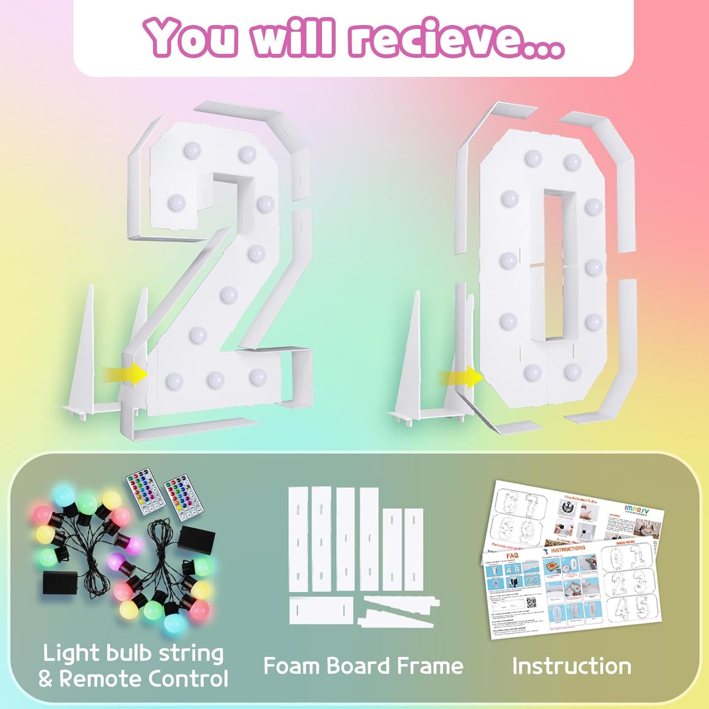 Marquee Numbers 20th-Birthday Decoration: Colorful 4FT Large Light Up 20 Year Old Birthday Decorations Anniversary Backdrop for Boys Girls Cardboard Sign 18 Colors Number 20 Mosaic Balloon Frame