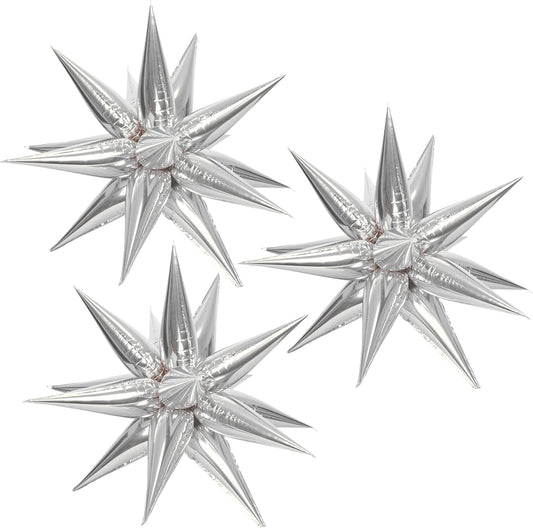 3pcs 26inch 3D Explosion Star foil balloon, Silver Foil Cone Star burst Balloons for Birthday Wedding New Year Party Event