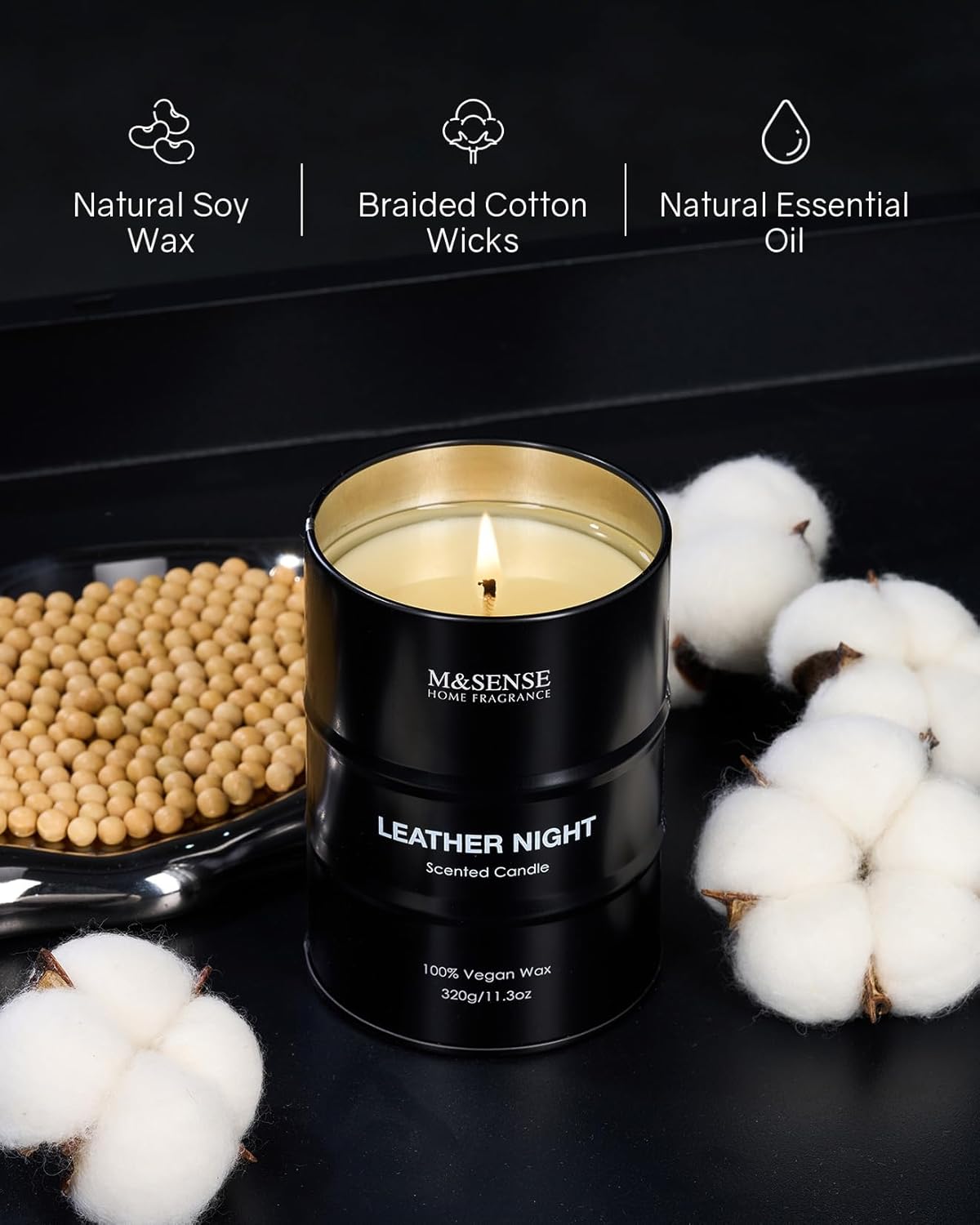 M&SENSE Scented Candle, Leather Medium Jar Candle Gifts for Men, 70 Hours Slow Burning Natural Soy Candles 11.3oz, Stress Relief Aromatherapy Candles Home Decor, Valentines Day Gifts for Him