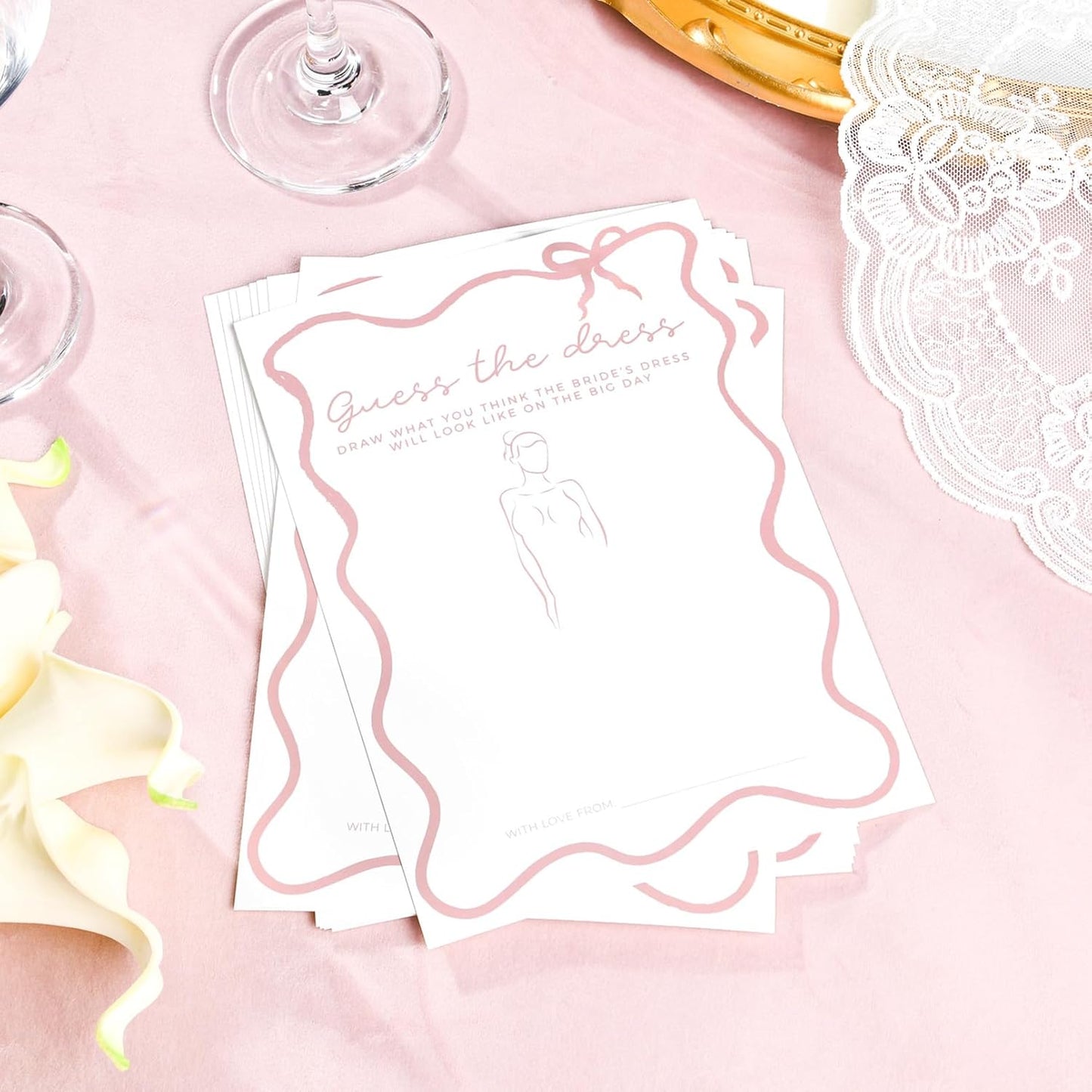 DEEKA 30 PCS Bridal Shower Games Card for 30 Guests White Pink Wavy Border Ribbon Bow Funny Wedding Bachelorette Party Games for Reception (Guess The Dress)