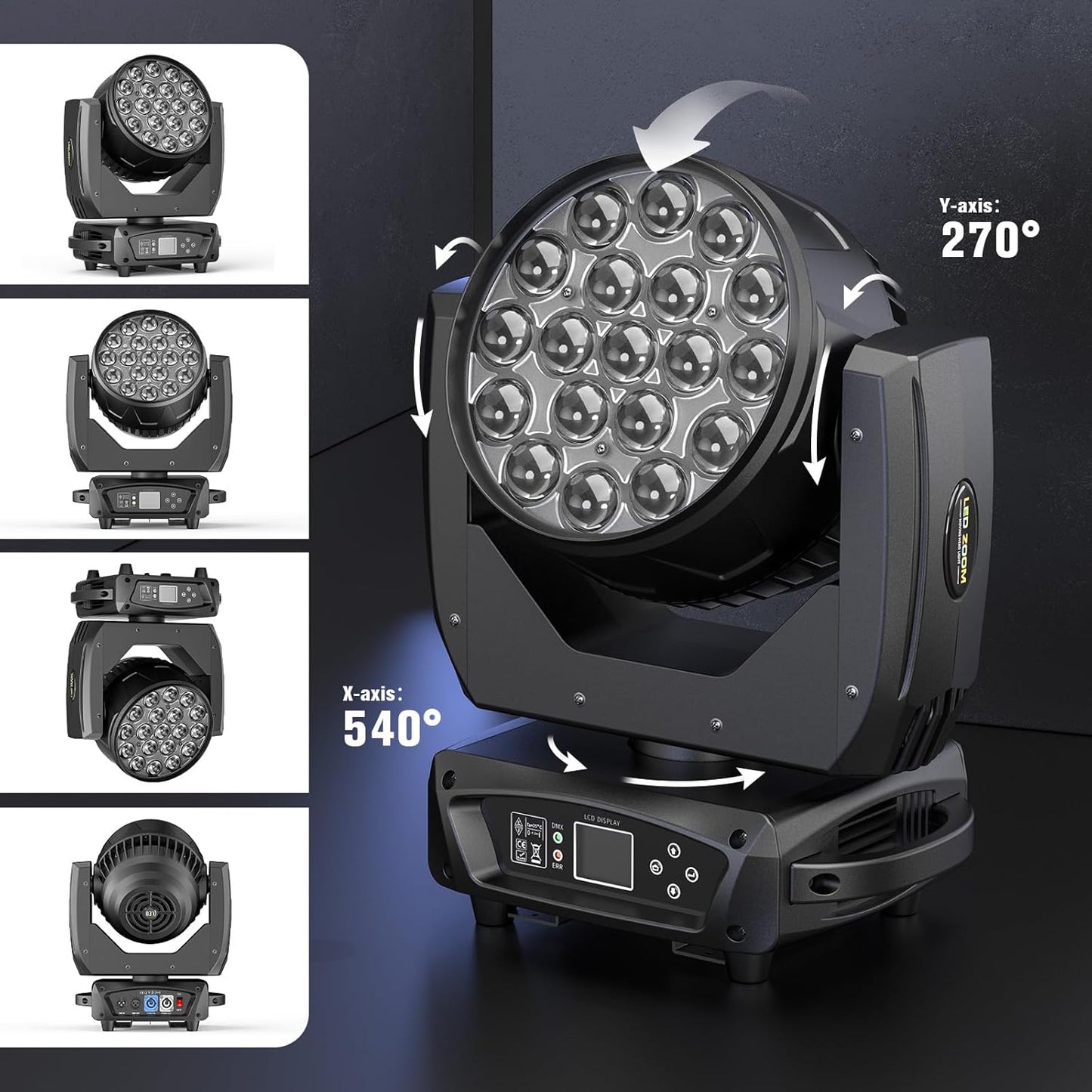 19x10W Moving Head Light Focusing/Beam/Wash/Zoom Effect Stage DJ Lights 4-in-1 LED DMX512 & Sound Activated Control for DJ Disco Nightclub KTV Bar Theater Shopping Mall