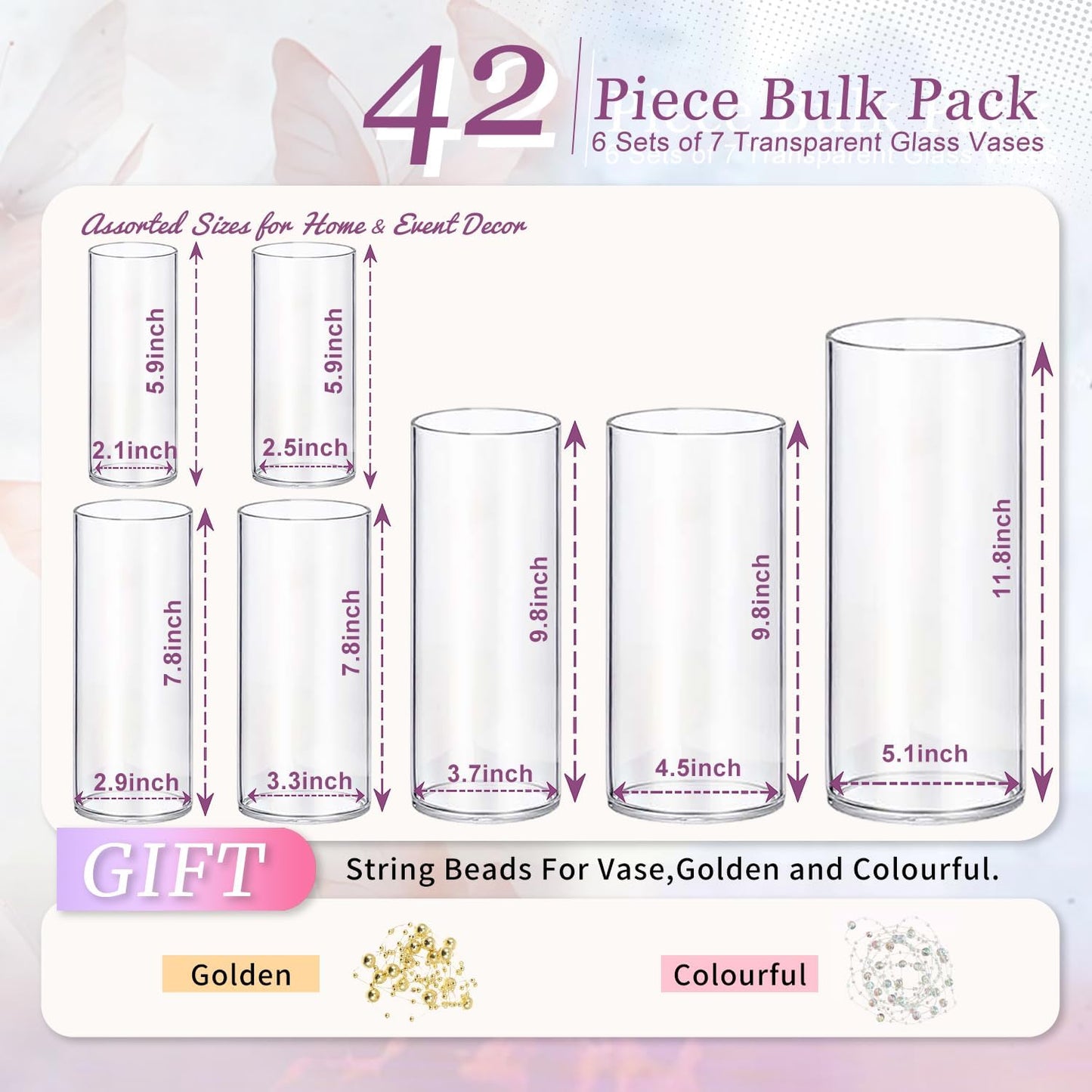 42pcs Glass Vase Cylinder Vases for Centerpieces 7 Vases of Different Sizes Small Flower Glass Clear Vases Home Decor Centerpiece Table Flower Vase Decorations for Wedding Decoration＆Holiday