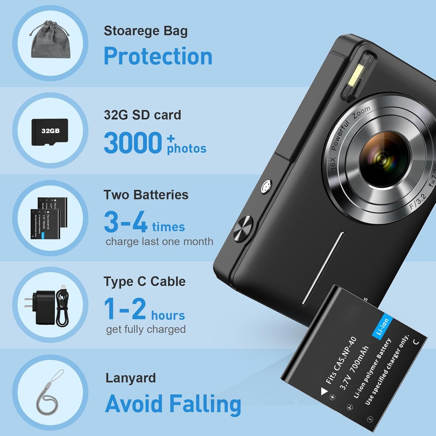 Small Digital 44MP Point and Shoot Compact Camera with 32GB SD Card, Two Batteries, Lanyard, FHD 1080P, 16X Zoom for Kids Boys Girls, Black