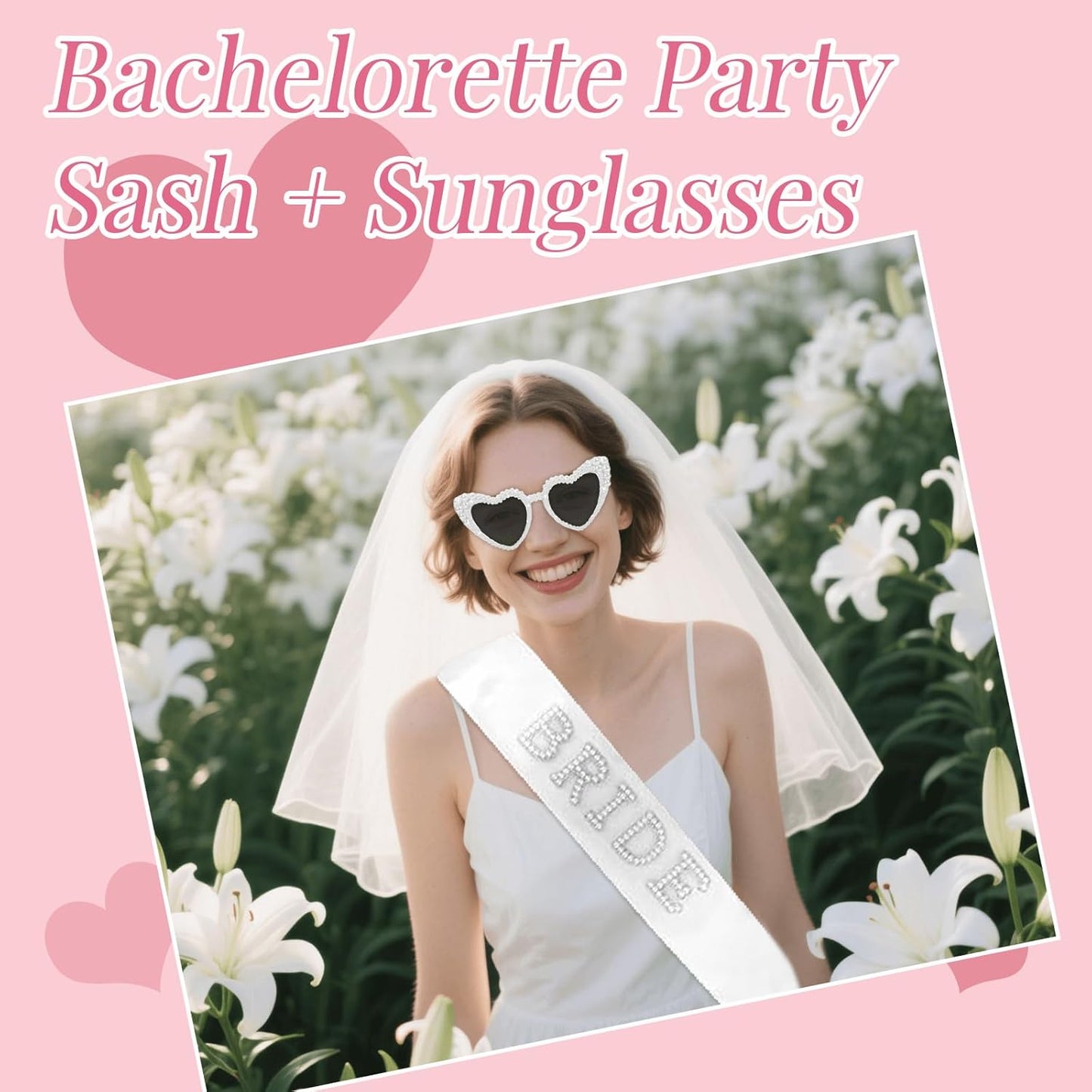 Pearl Bride Sunglasses with Sash - White Heart Sunglasses for Bachelorette Party Decorations Bridal Shower Wedding Engagement Favors