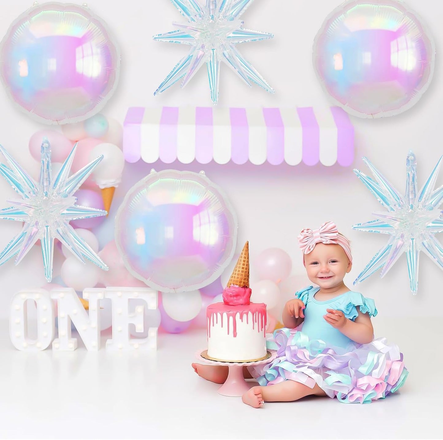 6Pcs Iridescent Foil Balloons, 22in Round Shaped Balloons and Explosion Star Iridescent Balloon, Large Holographic Clear Foil Balloon for Birthday Mermaid Rainbow Wedding Party Supplies