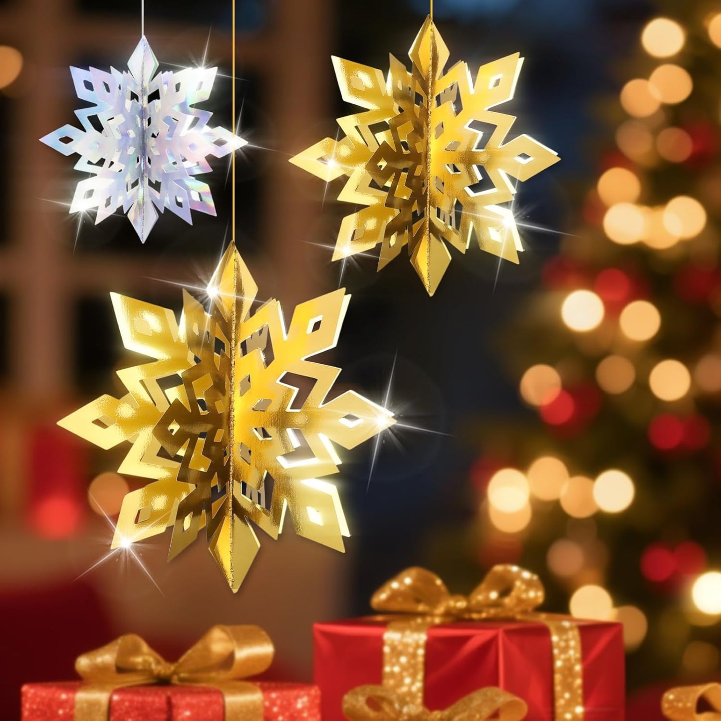 Benbilry 3D Hanging Snowflake Decorations for Christmas Tree, 36pcs 3 Size Winter Wonderland Decorations for Frozen Birthday Party, Christmas Home Decor - 18pcs Iridescent and 18pcs Gold Color