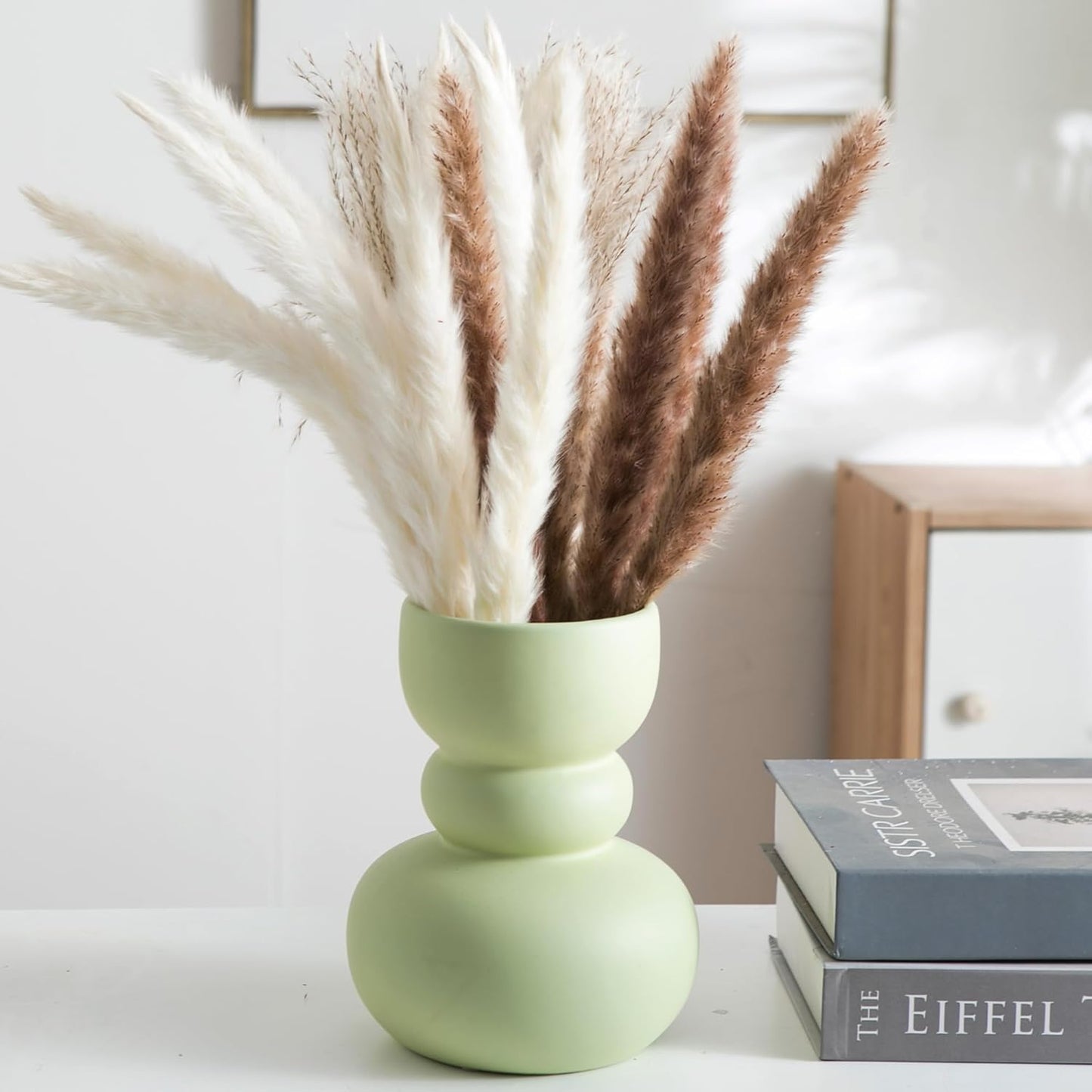 Ceramic Vase Green Modern Dried Flower Vase, Matte Pampas Flower Vases, Boho Home Decor for Centerpiece Wedding Dinner Table Party Living Room Office Bedroom, Housewarming Gift