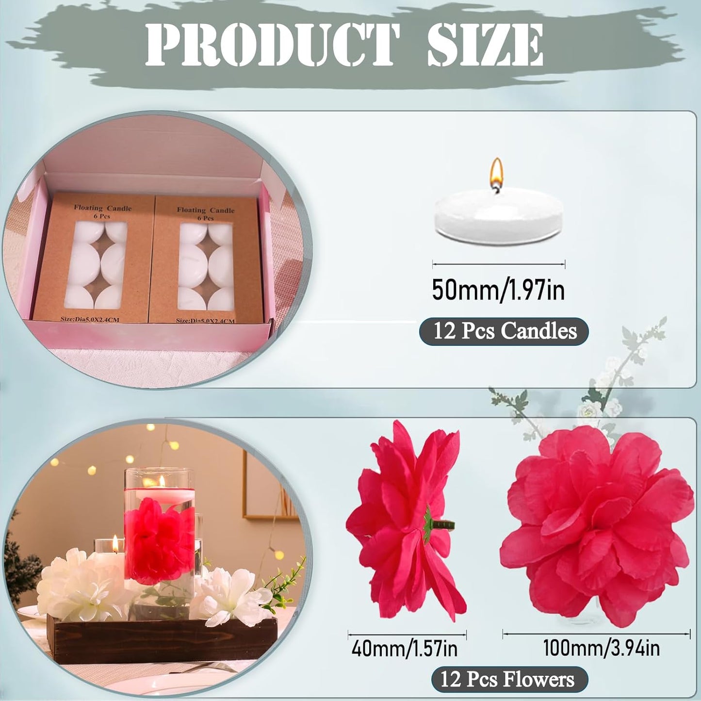 24 Pcs Floating Candles for Centerpieces and Floating Flowers Artificial Flowers Head Vase Filler for Party Home Table Wedding Centerpieces Decoration (Rosered)