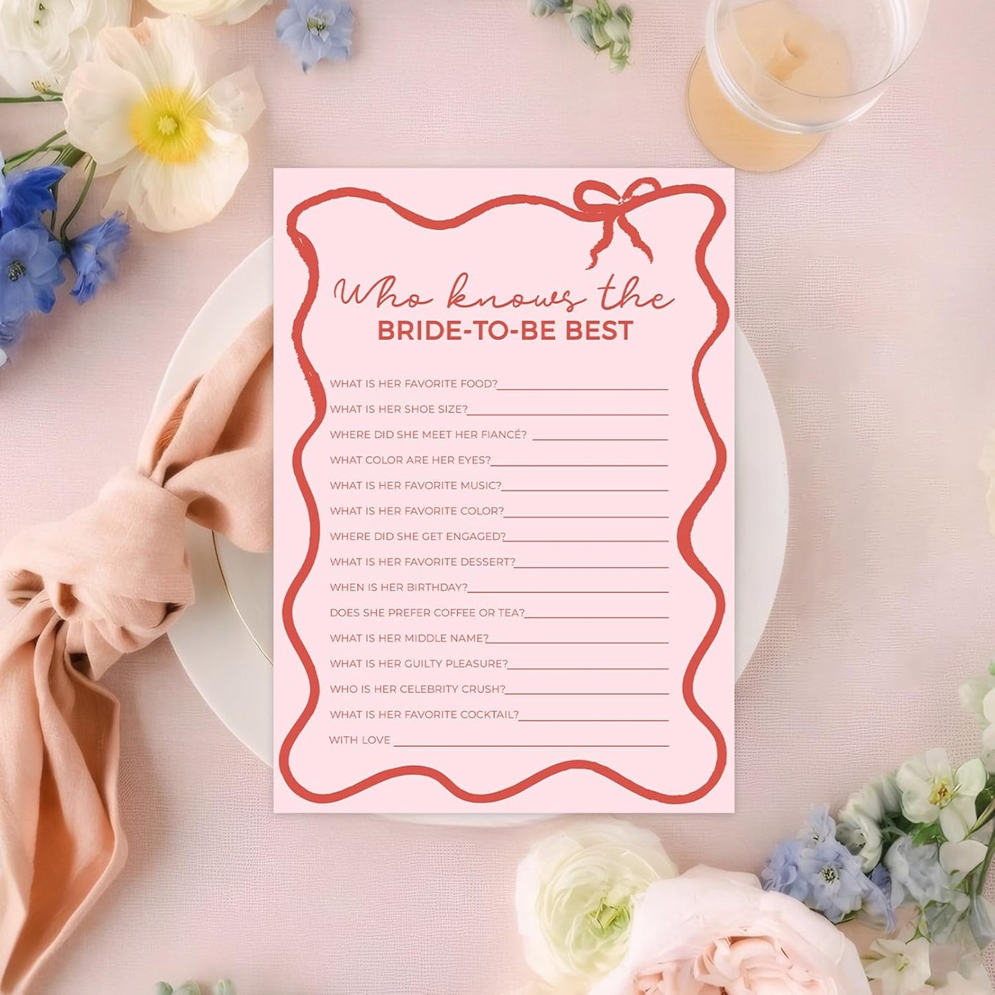DEEKA 30 PCS Bridal Shower Games Card for 30 Guests Pink Wavy Border Ribbon Bow Funny Wedding Bachelorette Party Games for Reception (Who Knows The Bride-to-be Best)