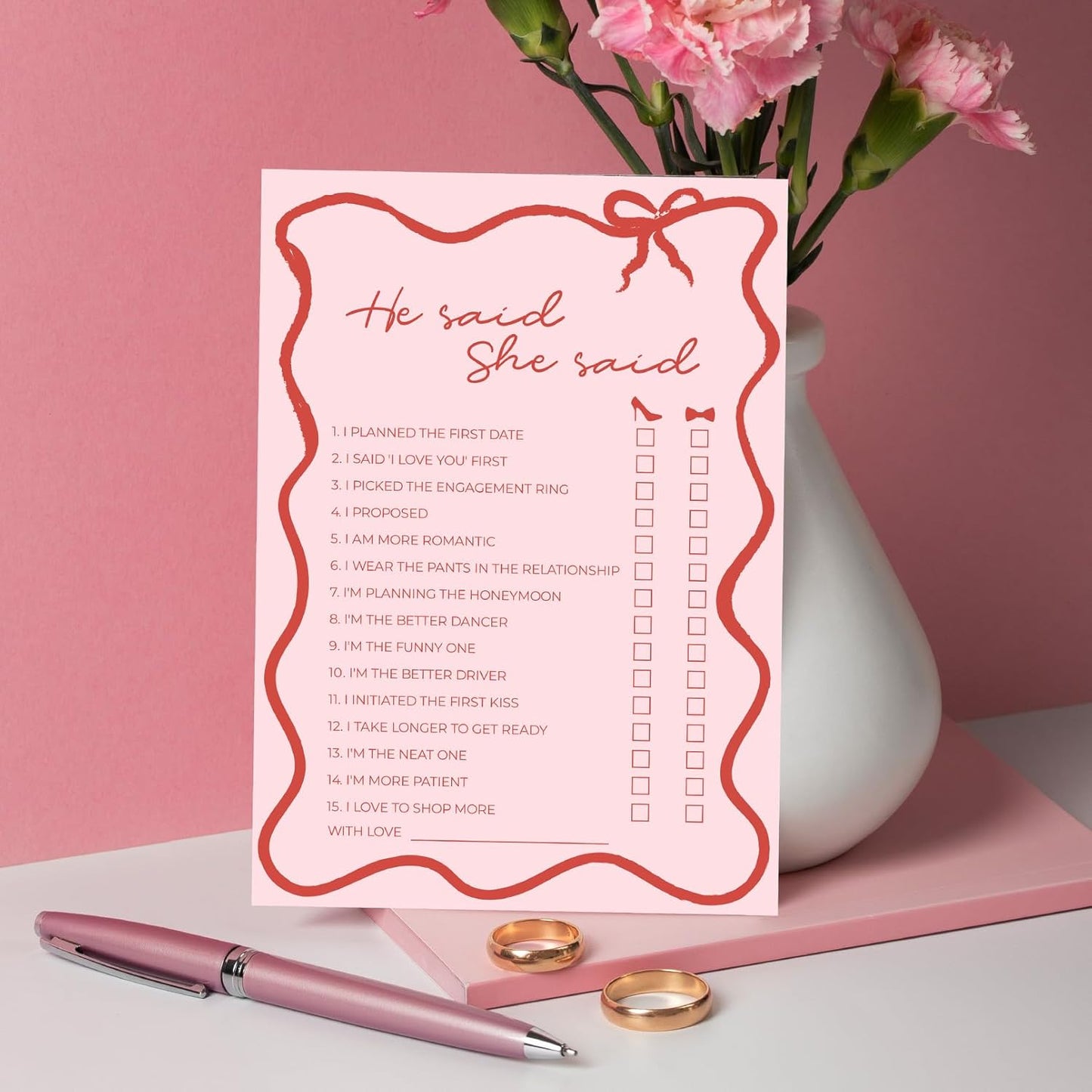 DEEKA 30 PCS Bridal Shower Games Card for 30 Guests Pink Wavy Border Ribbon Bow Funny Wedding Bachelorette Party Games for Reception (He Said She Said)
