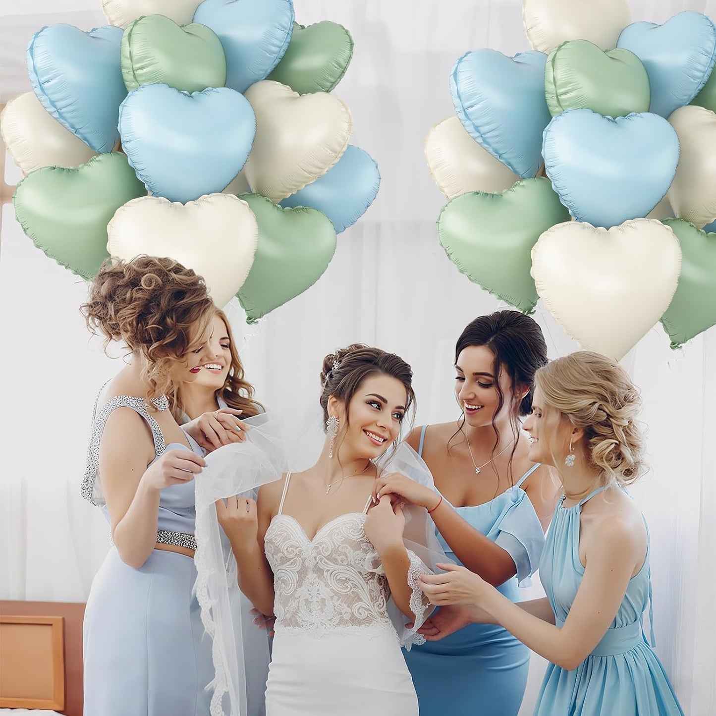 Blue Green White Heart Balloons,12Pcs 18Inch Cream White Baby Blue Sage Green Heart Shaped Foil Helium Balloons for Baby Shower Birthday Anniversary Wedding Engagement Party Decorations