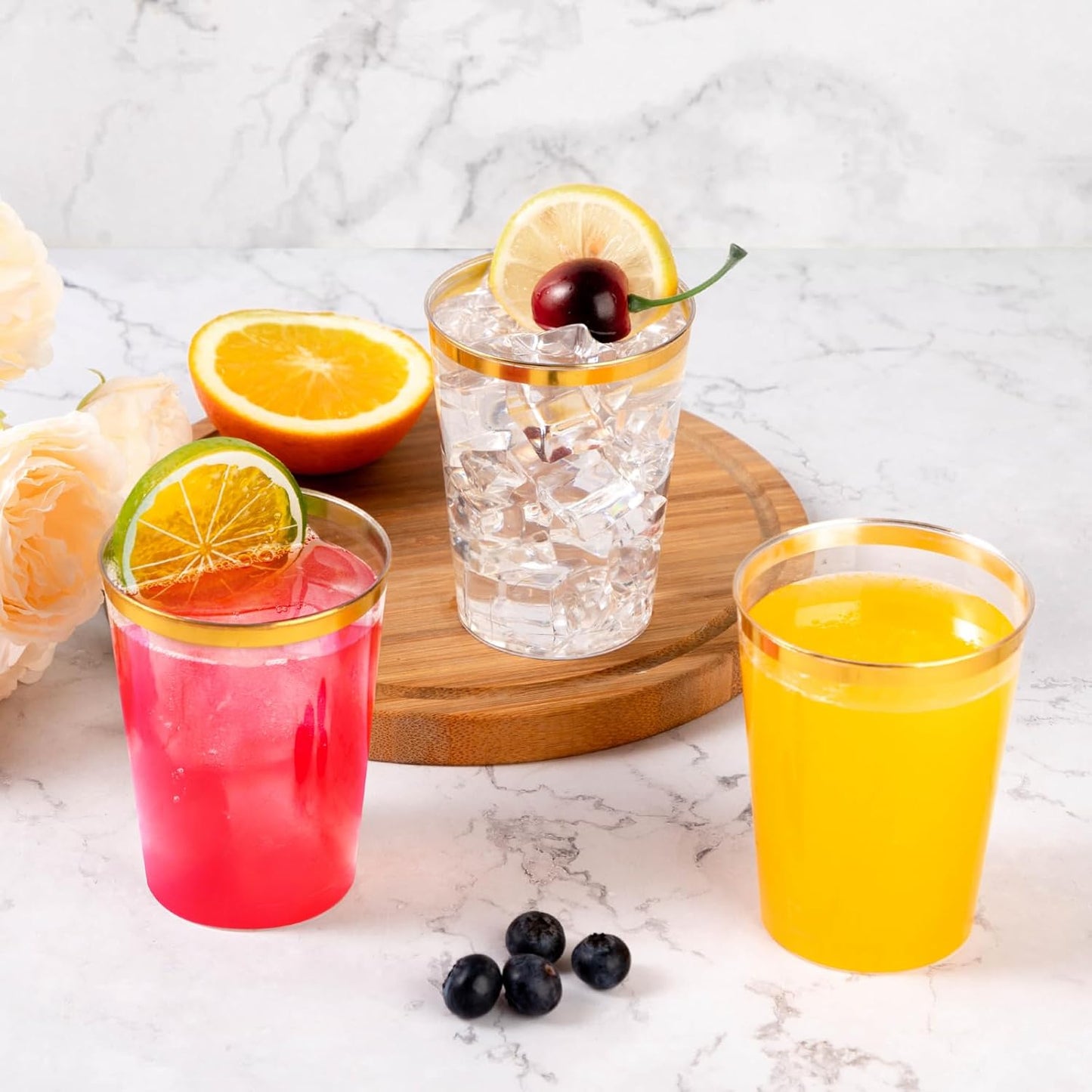 Goodluck 200PCS 14oz Gold Plastic Cups for Party, Disposable Gold Rim Cups, Plastic Cocktail Glasses for Wedding Thanksgiving, Christmas, and Parties