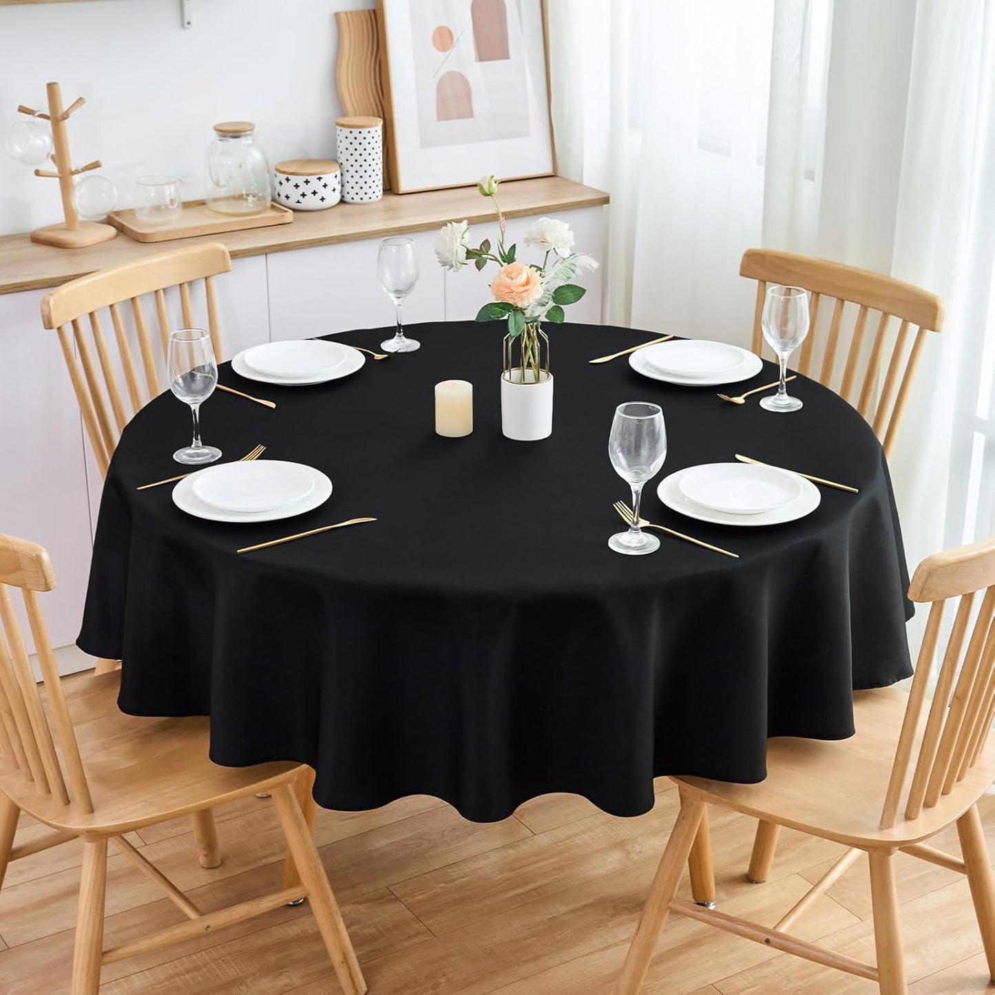 2 Pack Round Table Cloth 60 Inch Black Tablecloth Washable Polyester Solid Dining Table Cover for Birthday Party Dinner Holiday Outdoor Indoor