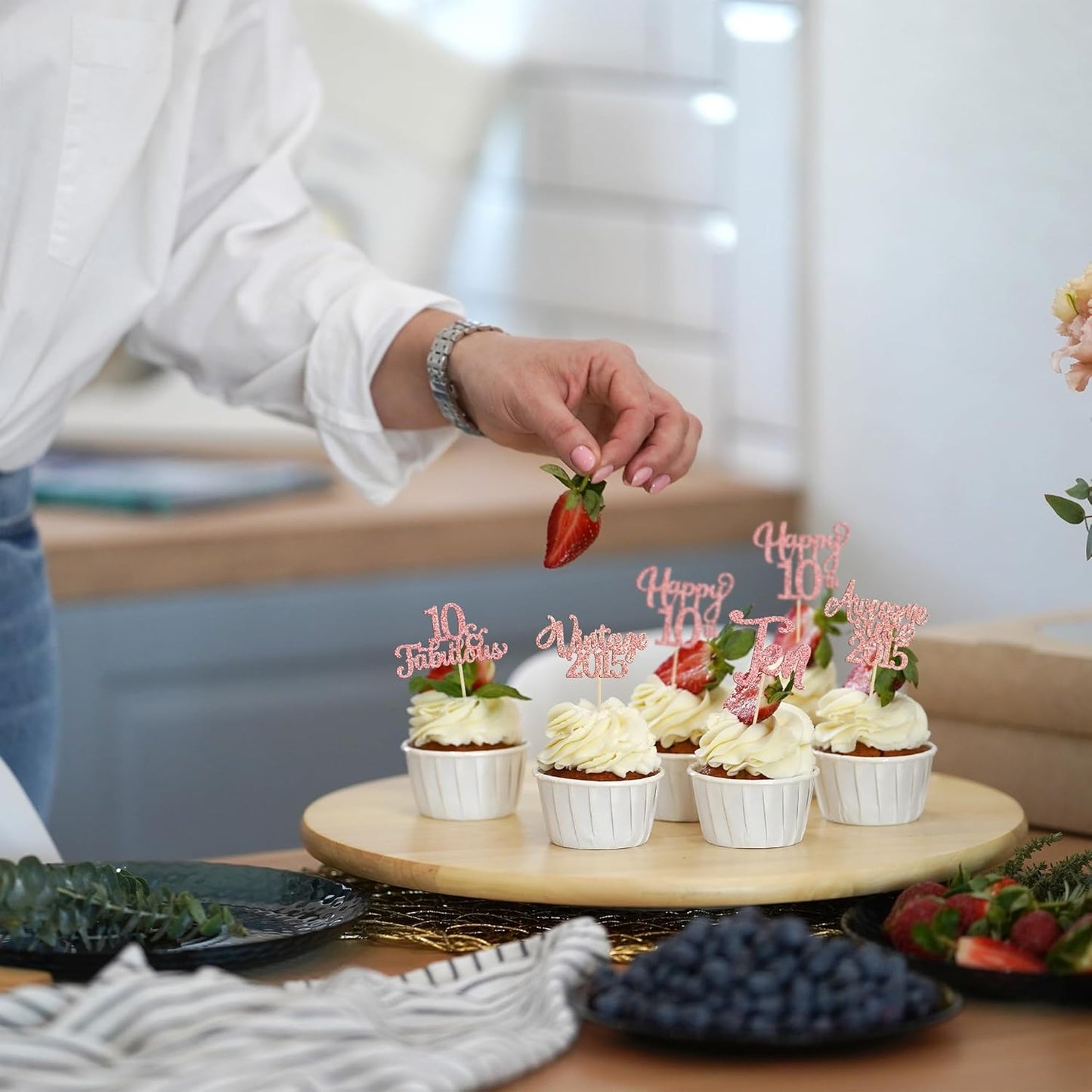 30Pcs Vintage 2015 Cupcake Toppers Glitter Ten 10 Fabulous Happy 10th Birthday Cupcake Picks Cheers to 10 Years for 10th Birthday Anniversary Party Cake Decorations Supplies Rose Gold