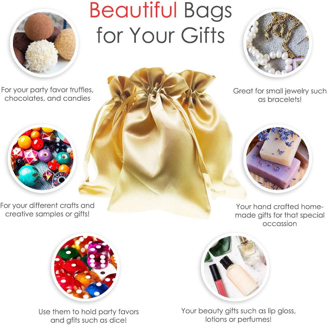 6" x 9" Gold Satin Gift Bags, Jewelry Bags, Wedding Favor Drawstring Baby Shower Christmas 50 per Pack