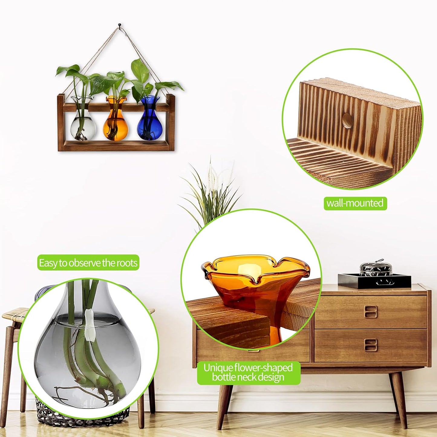 Plant Propagation Station Plant Terrarium Unique Birthday Gifts for Women Home Office Decor Planter with Wooden Stand - 3 Bulb Glass Vase