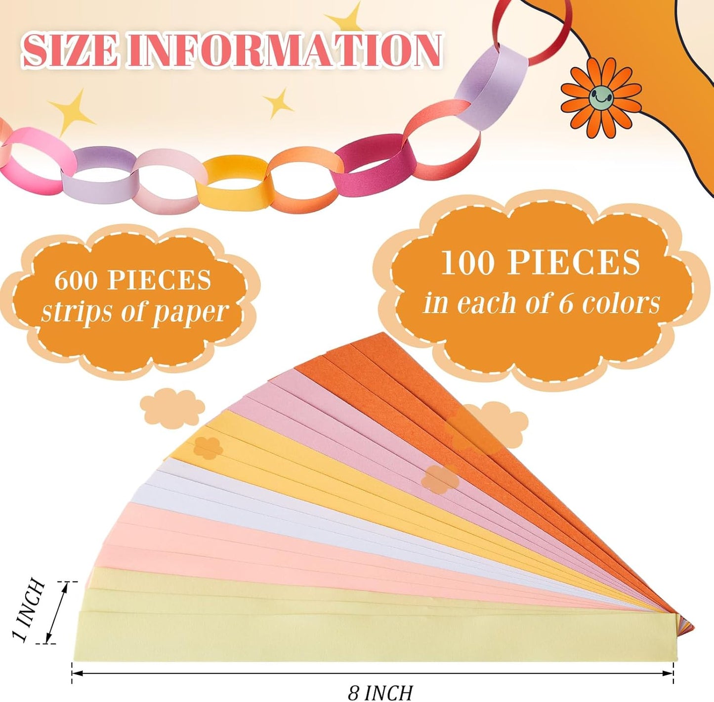 Lincia 600 Sheet Halloween Paper Chain Garland, Construction DIY Crafts Chain Strip for Fall Thanksgiving Party Decor, 1x8 Inch with Double Sided Tape (Groovy)