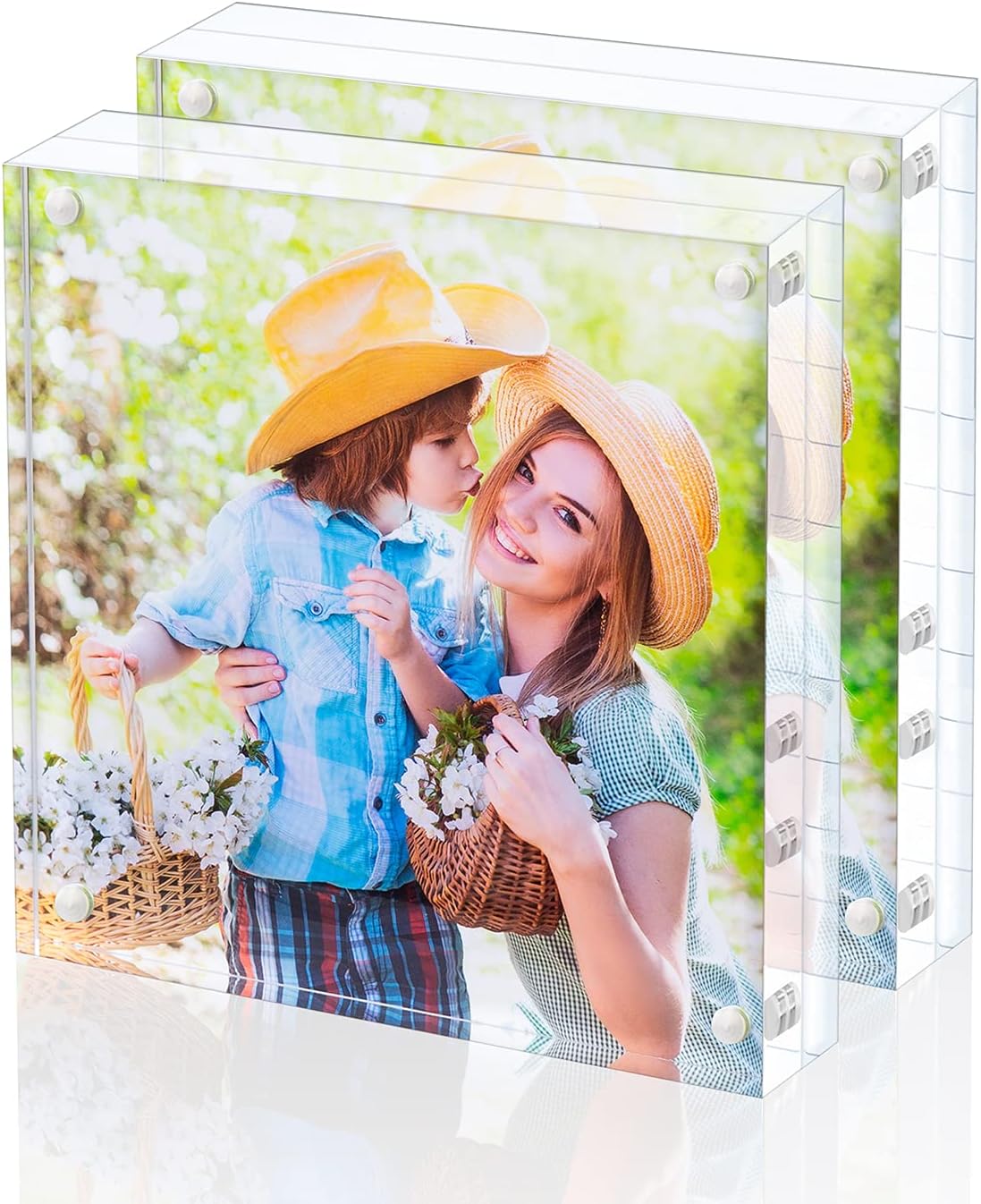 Acrylic Picture Frame, Clear Freestanding Double Sided 20mm Thickness Frameless Magnetic Photo Frames Desktop Display with Gift Box Package (4x4 2pack)