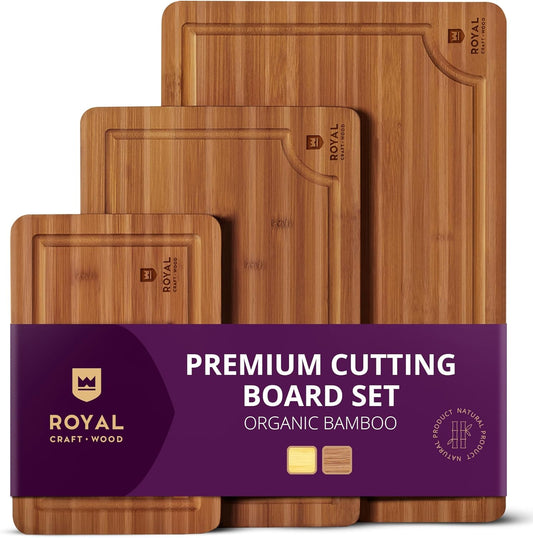 ROYAL CRAFT WOOD Wooden Cutting Boards for Kitchen Meal Prep & Serving - Bamboo Wood Serving Board Set with Deep Juice Groove Side Handles - Charcuterie & Chopping Butcher Block for Meat (3 Pcs)