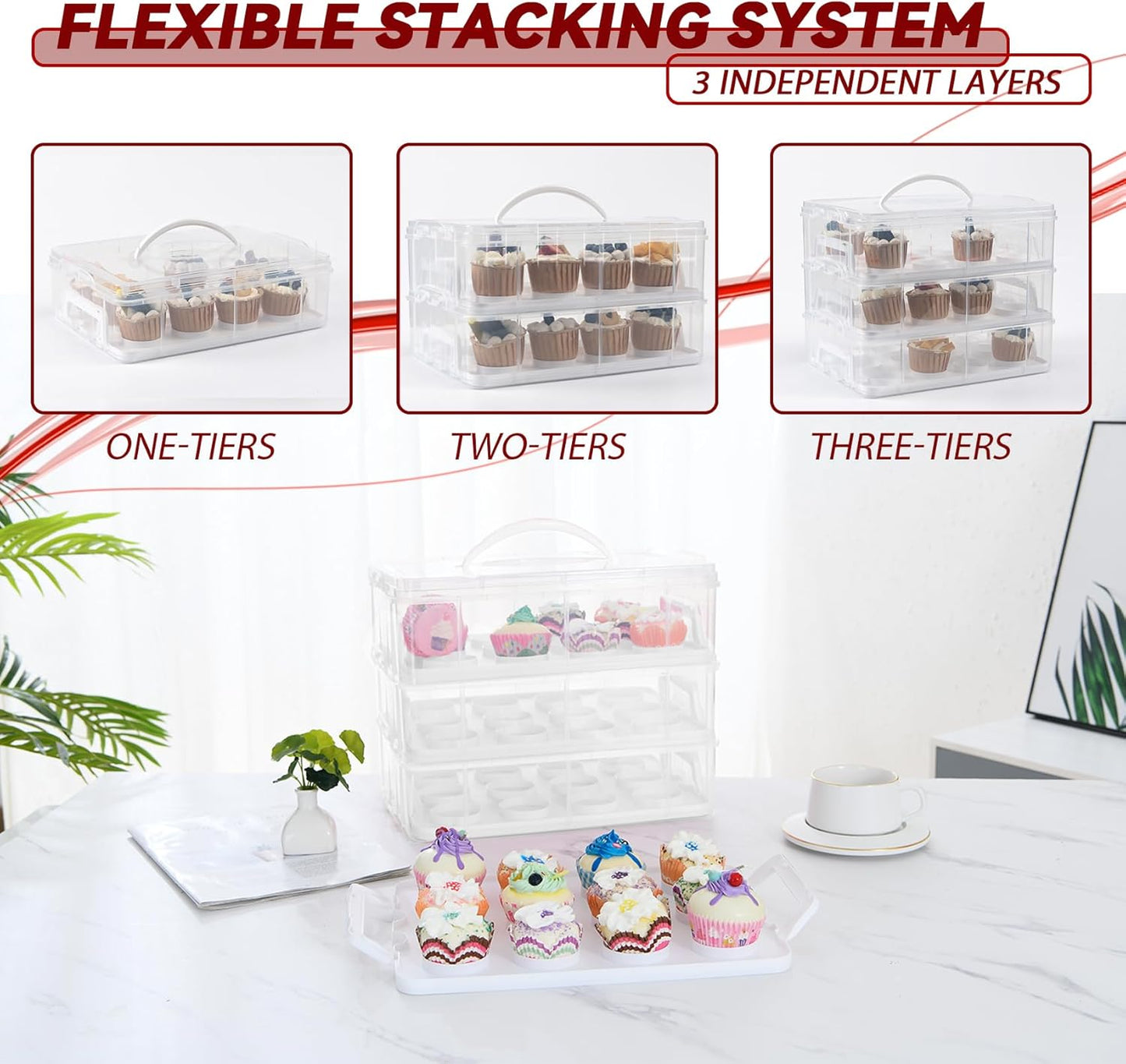 Cupcake Carrier, 3-Tiers Cupcake Containers, Holds 36 Cupcakes or 3 Large Cakes, Cupcake Holder, Cupcake Box with Lid and Handle (White, Basic)