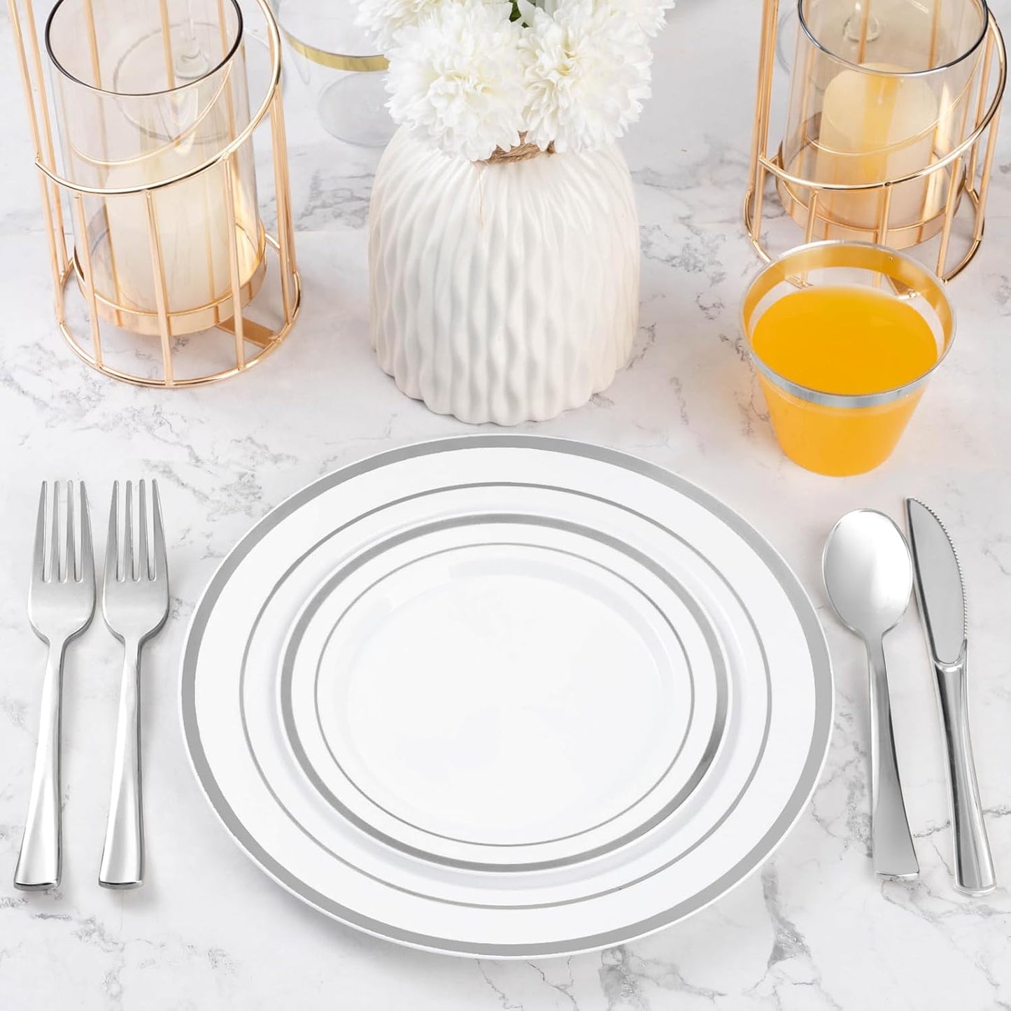 600PCS Silver Plastic Plate Set (100 Guests), Disposable Plates for Party Wedding Birthday, Dinnerware Set of 200 Plastic Plates, 200 Forks, 100 Spoons, 100 Knives for Christmas