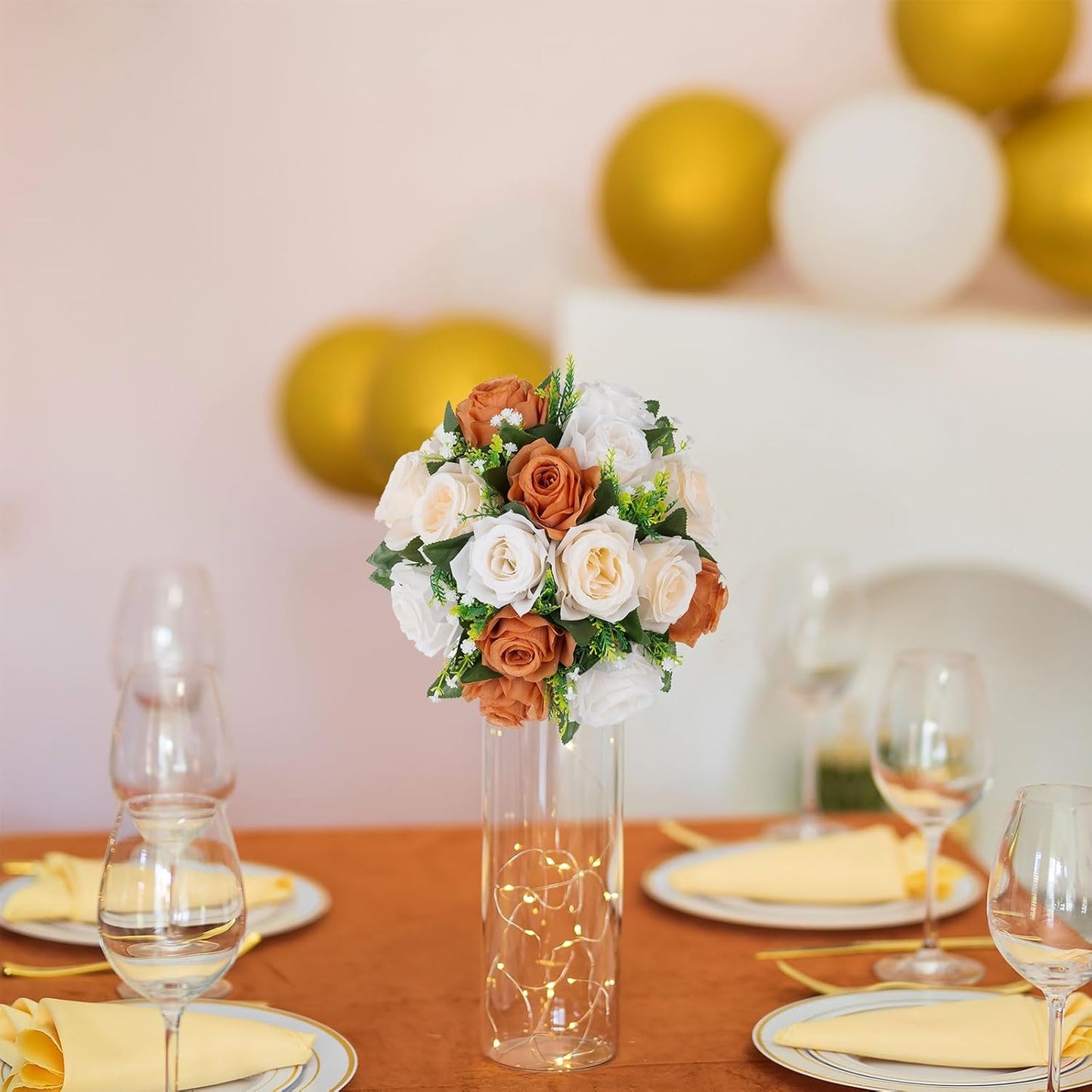 BLOSMON Flower Balls for Centerpieces Decoration: 2 Pcs Terracotta Artificial Rose Kissing Balls for Table - Fall Fake Silk Floral Bouquet with Base Arrangements for Home Party Room DIY Decor