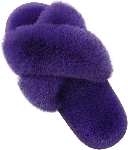 Evshine Women's Fuzzy Slippers Cross Band Memory Foam House Slippers Open Toe