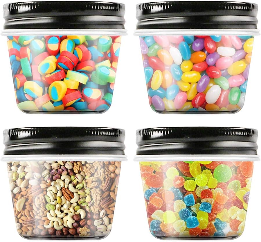Novelinks 4 oz Clear Plastic Jars with Black Lids – Small Round Reusable Containers for Food, Spices, Crafts, Travel – BPA-Free Storage Jars for Kitchen & Household Organization, 20 Pack
