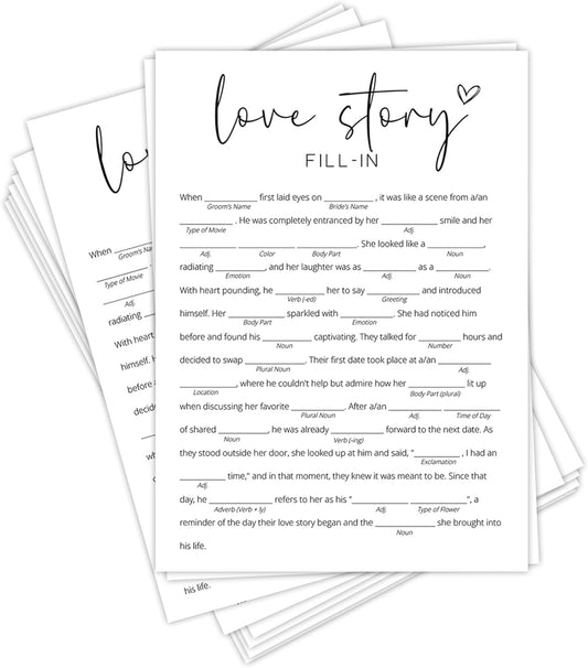 Bridal Shower Games, Love Story Fill-in, 25Pcs Minimalist White Double-Sided Bridal Game Cards, Wedding Shower Games for Guests, Engagement Bachelorette Party Supplies - A26