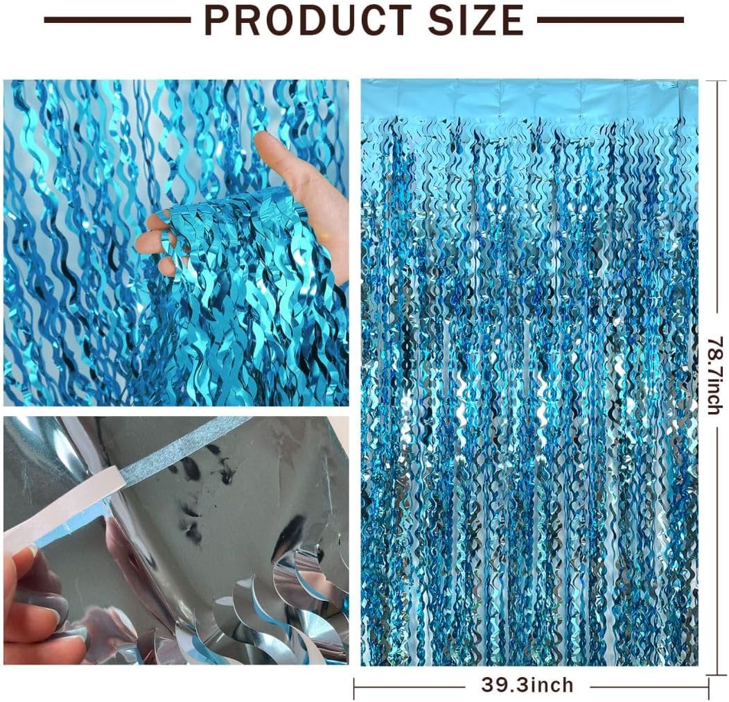 Blue Streamers Photo Backdrop Wave Foil Fringe Curtain Tinsel Backdrop Blue Birthday Parties Favor for Bachelorette, Frozen Birthday Ocean Themed Party Decorations Snow Flakes Decorating