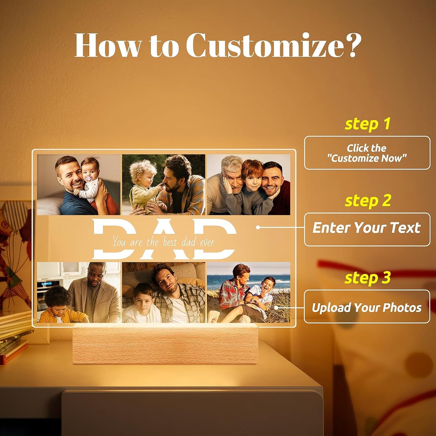 Personalized Gifts for Dad from Daughter Son, Custom Picture Frames with Photos, Customized Photo Frame with Night Light, Personalized Dad Gifts for Birthday Fathers Day Christmas