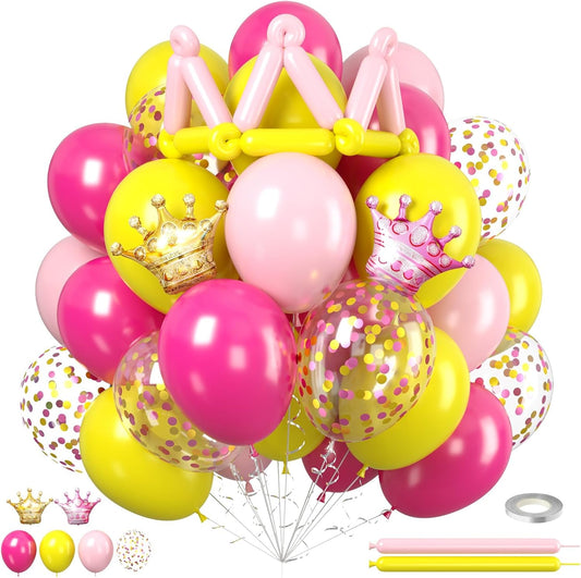 Pink and Yellow Balloons, 50pcs Hot Pink Yellow Balloons With Pastel Long Balloon Gold Crown Foil Balloon For Girls Women Birthday Baby Shower Party Wedding Bridal Shower Engagement Decor