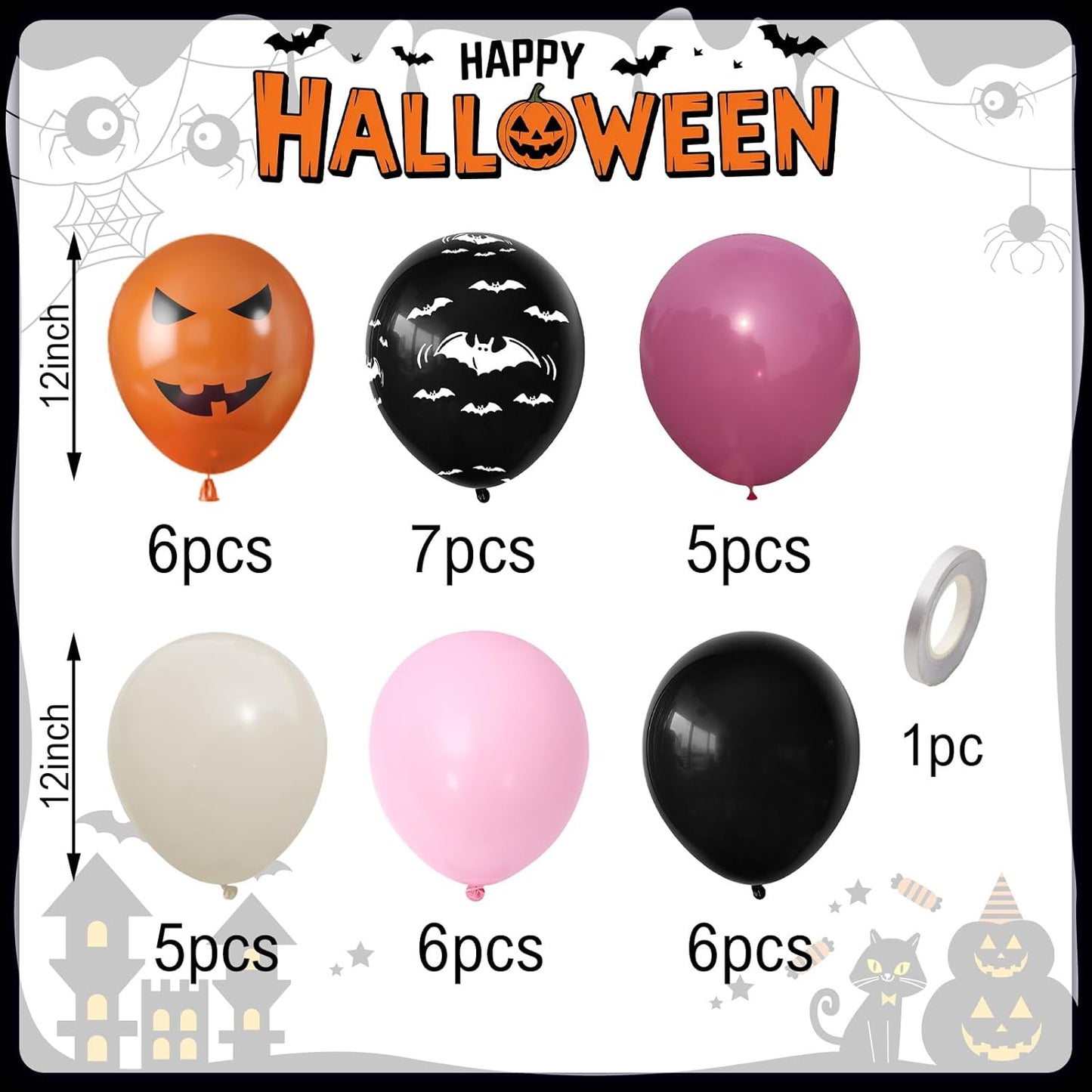 Halloween Party Balloons, Black Hot Pink Orange Balloons, Retro Peach Red Pastel Pink Balloon Black Bat Orange Pumpkin Printed Balloon for Halloween Birthday Baby Shower Home Garden Party Decoration