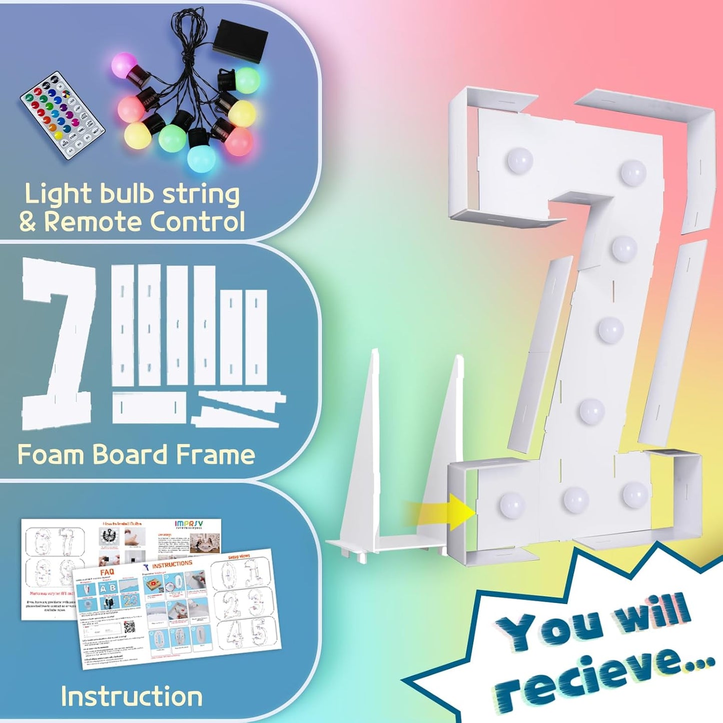 imprsv 3FT Colorful Marquee Numbers,18 Colors Number 7 with Remote, Light Up Numbers Sign for 70th Birthday Decorations Anniversary Party Decor, Pre-Cut Foam Board Kit, Mosaic Sign for Balloon