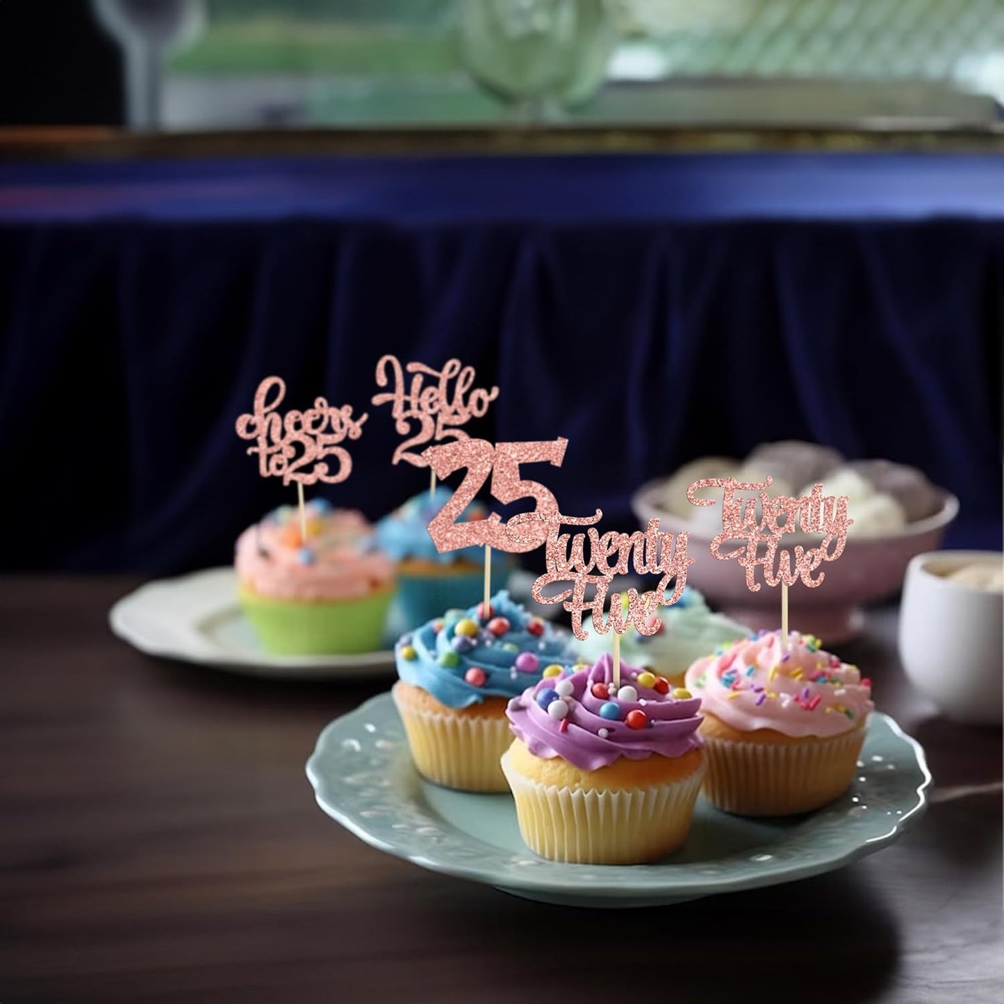 30pcs 25th Birthday Cupcake Toppers - 25th Anniversary Cake Decorations - Rose Gold Glitter