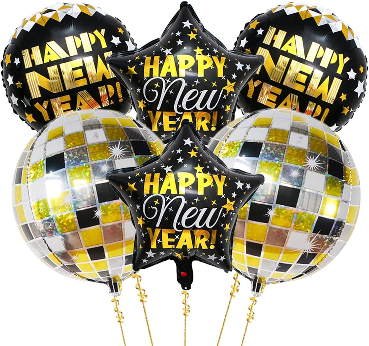 Happy New Year Balloons, 8pcs (2x22" Disco, 2x18" Round, 2x18" Star) - Black & Gold, Reusable, Self-Sealing Foil Balloons for New Year Party Decorations, Adults & Unisex