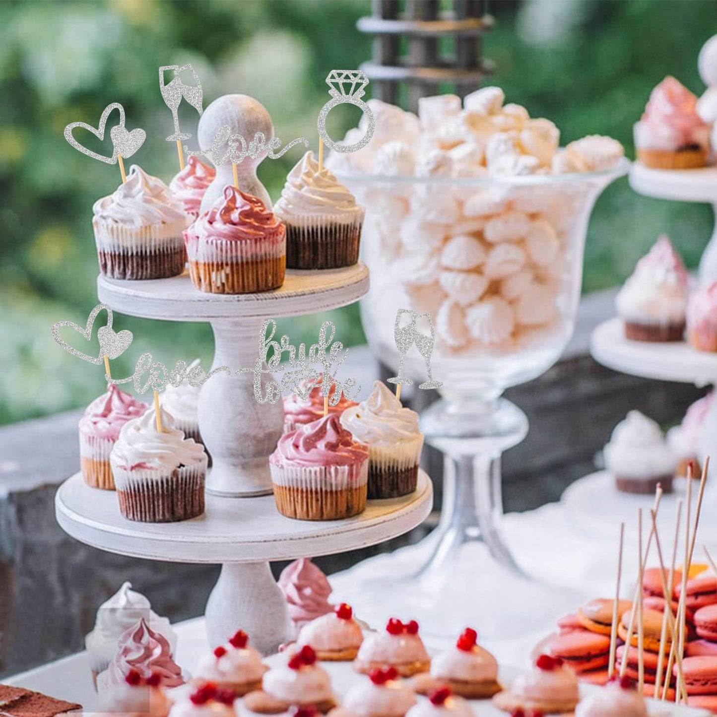 35 Pcs Glitter Diamond Ring Bride to be Love Cupcake Topper Champagne Cake Picks Decorations for Bridal Shower Wedding Engagement Party Supplies, Silver