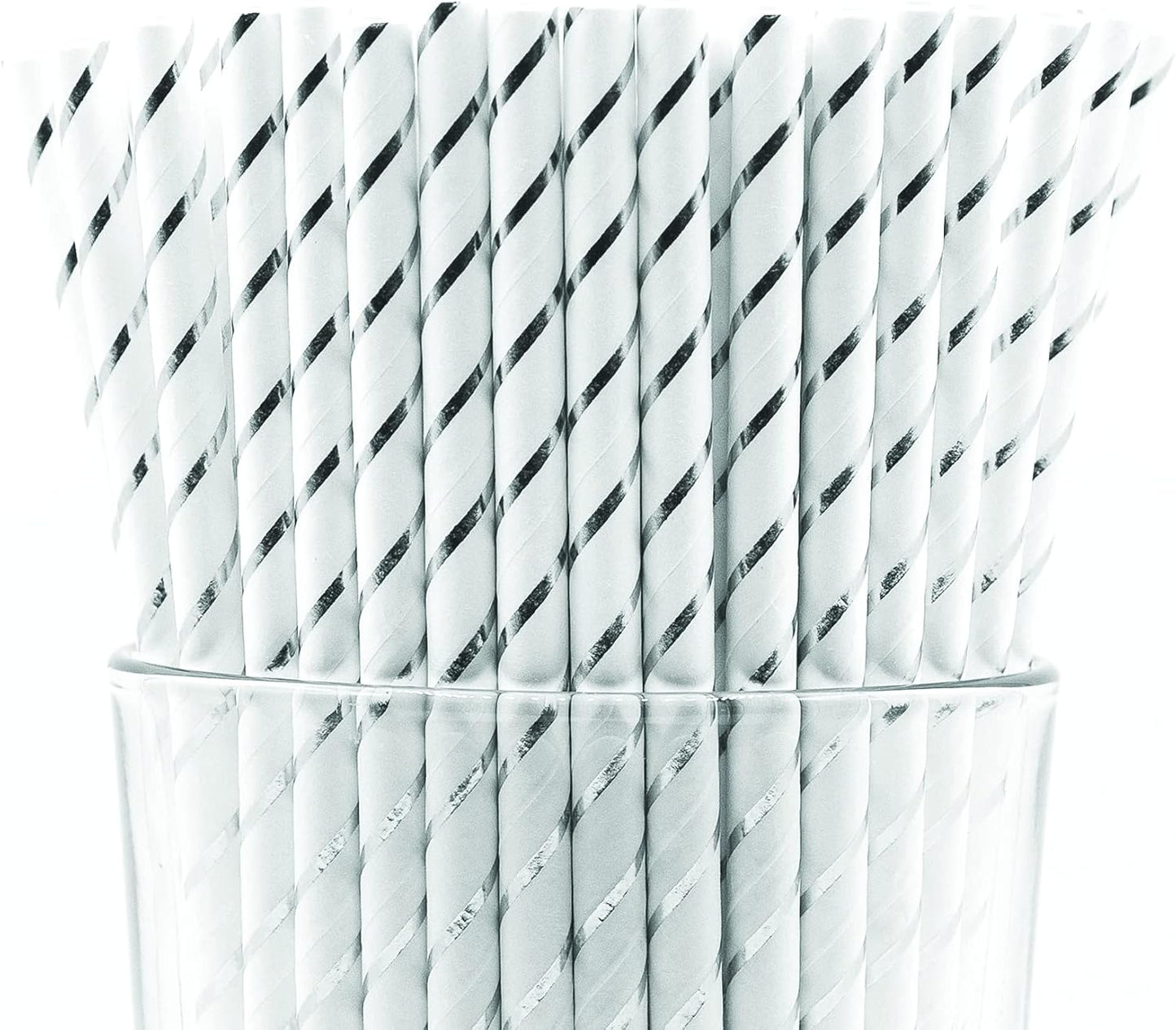 Pack of 900 Silver Foil Stripes Biodegradable 4-Ply Paper Drinking Straws (Compostable, Non-toxic, BPA-free)