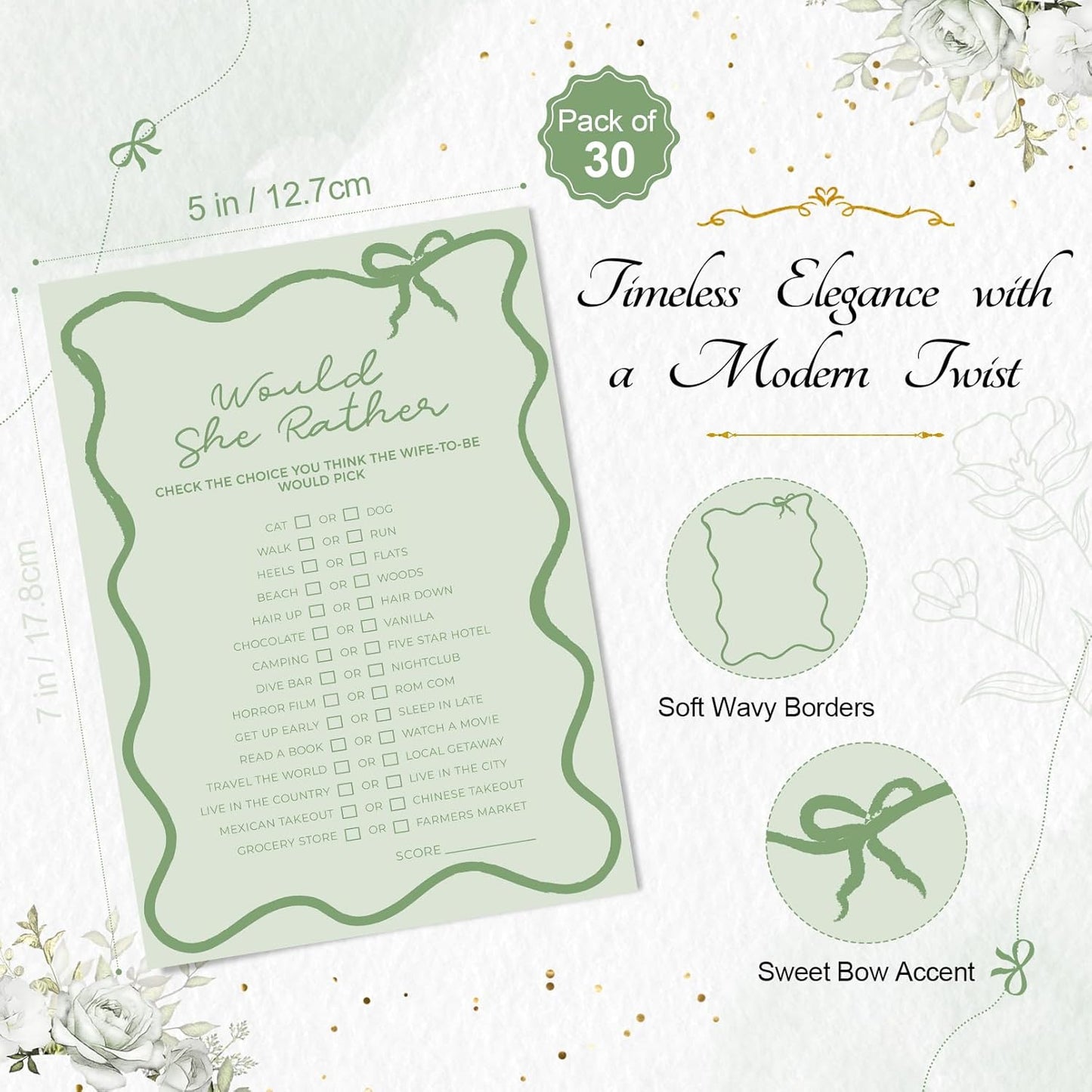 DEEKA 30 PCS Bridal Shower Games Card for 30 Guests Sage Green Wavy Border Ribbon Bow Funny Wedding Bachelorette Party Games for Reception (Would She Rather)