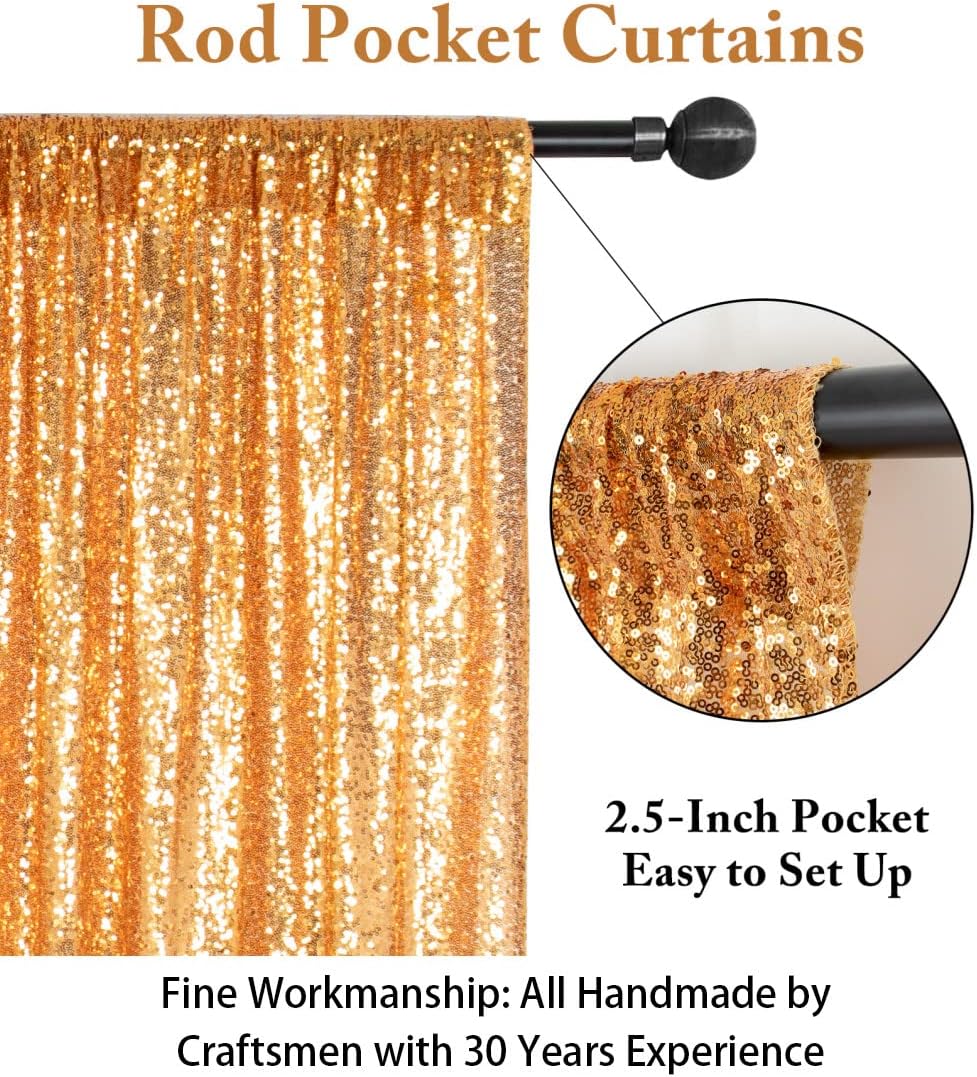 ShinyBeauty Gold Sequin Backdrop Curtain | 2 Panels 5FTx10FT Glitter Wedding Photography Background | Elegant Shimmer Curtains for Parties & Events Fabric Backdrops