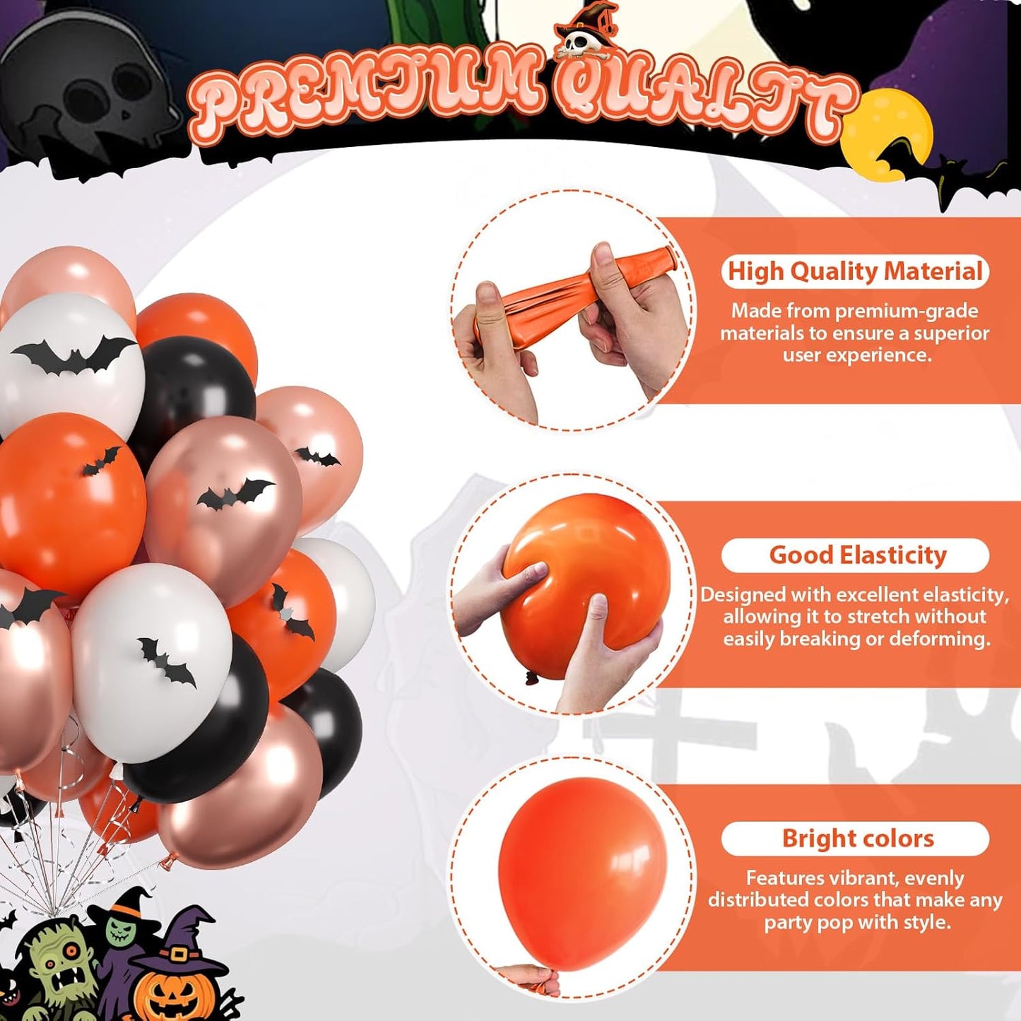 Halloween Balloons, 60PCS Black Orange Balloons, Black Orange White Rose Gold Balloon with 4 Different Sizes 3D bats Stickers for Halloween Masquerade Haunted House Themed Birthday Party Decorations