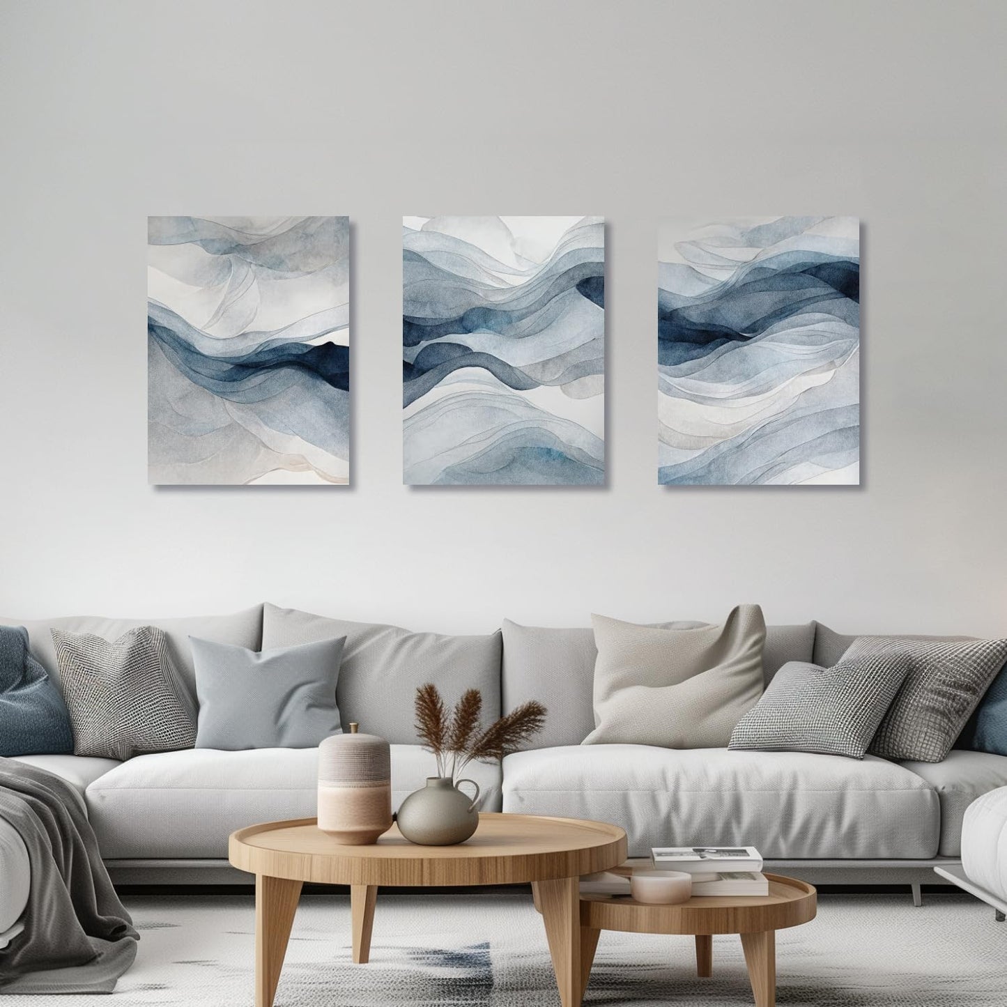 IAFWZX Framed Blue Gray Abstract Wall Art, Modern Minimalist Waves Wall Decor, Neutral Watercolor Line Canvas Paintings, Navy Blue Watercolor Poster Prints for Bedroom Living Room Office 16"x24"x3