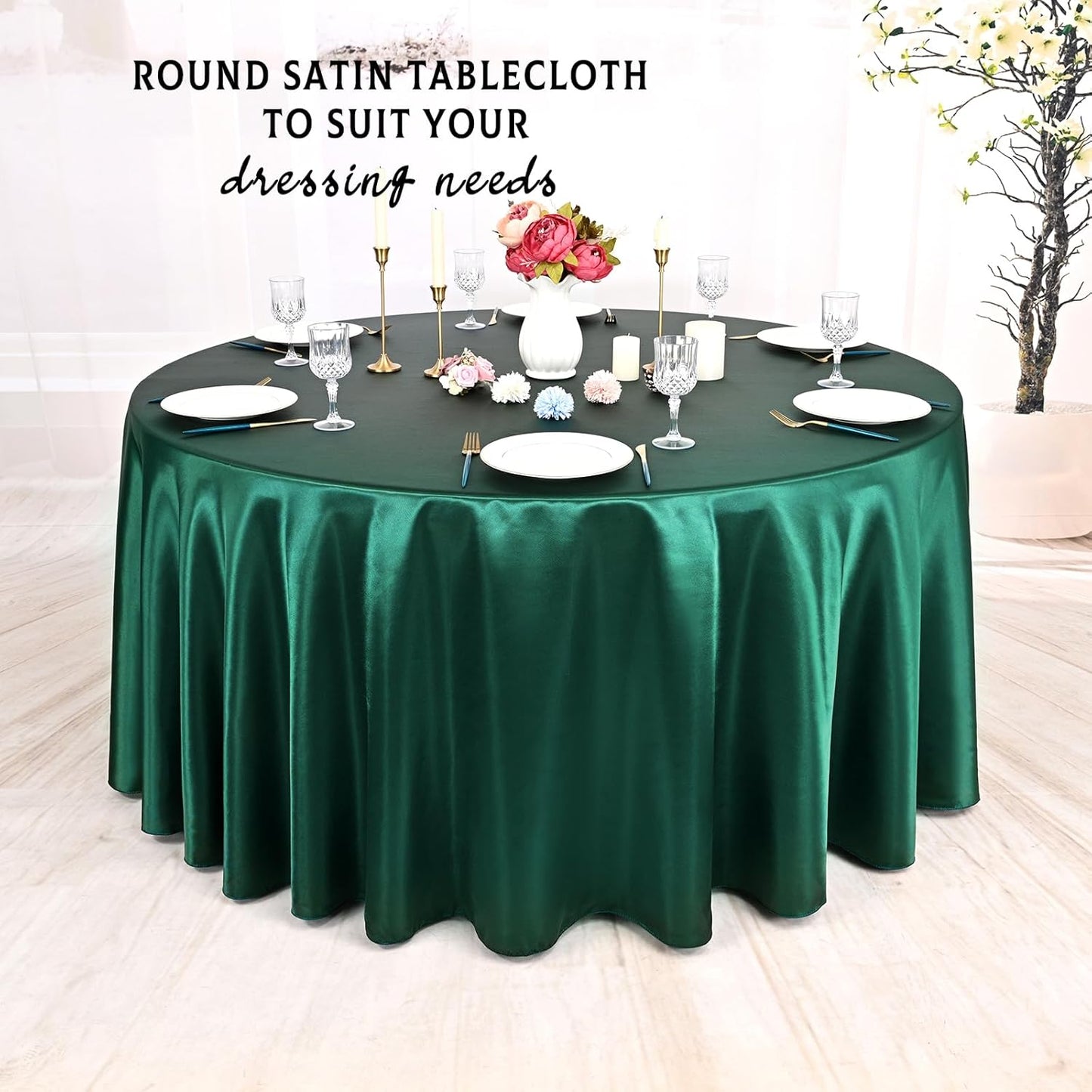 6 Packs Satin Tablecloth 120 Inch Dark Green Round Table Cloth Silk Tablecloth Smooth Fabric Overlay Satin Table Cover Decoration for Wedding Party Banquet Events