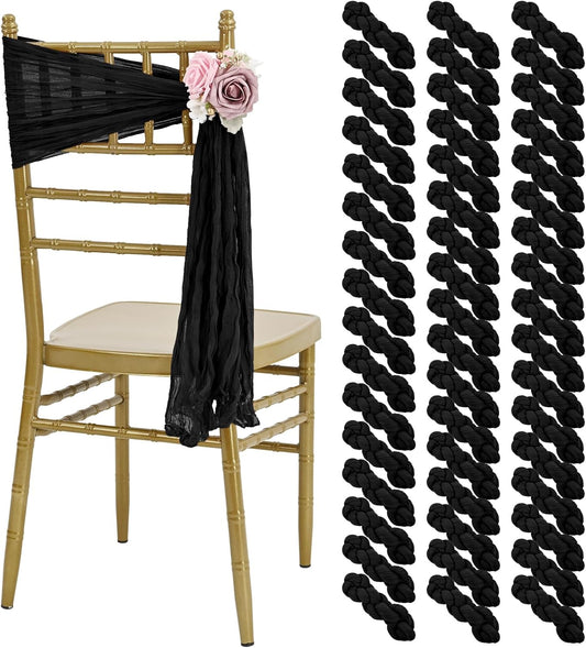 50 PCS Cheesecloth Chair Sashes, Bows Designed ChairSashes, 15.7x70 inch Chair Sashes for Aisle Decorations Universal Chairs Cover Decoration for Wedding Reception Party Banquet (Black)