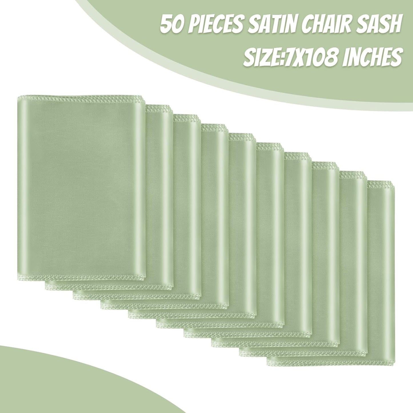 50 PCS Sage Green Satin Chair Sashes Bows Universal Chair Ribbon Ties Back Sash for Wedding Party Reception Events Banquets Hotel Event Chair Cover Decoration (7x108 inch)