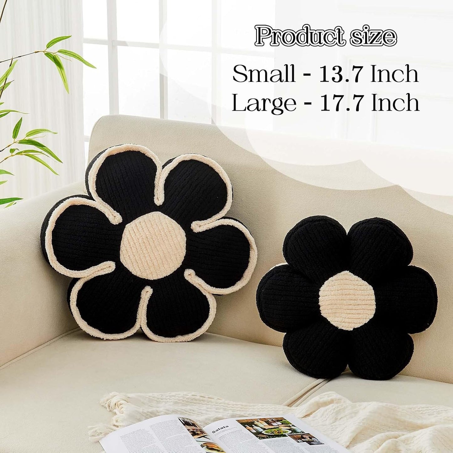 Flower Pillow, Soft Flower Decorative Throw Pillow, Cute Daisy Flower Shaped Seating Floor Cushion Room Décor Plush Pillows for Sofa Couch Bed (13.7 Inch, Black)
