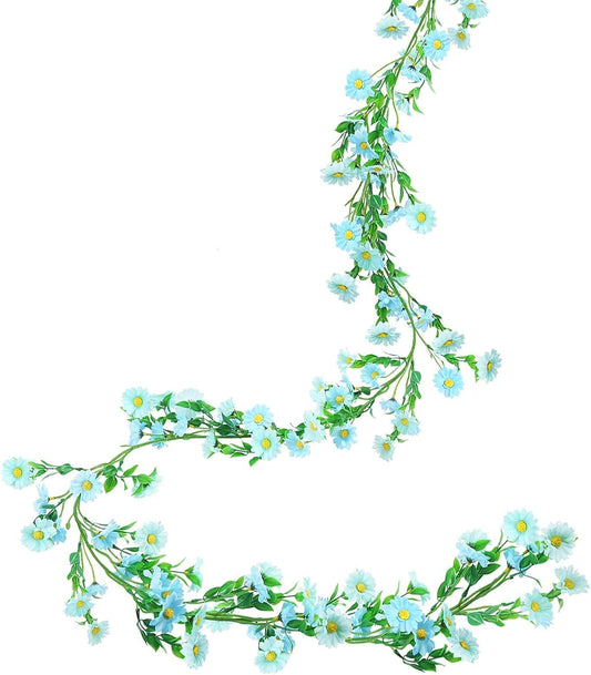 6.5Ft Artificial Blue Flower Garland Fake Daisy Floral Garland Hanging Flowers Silk Vines with Green Leaves for Backdrop Arch Wall Home Indoor Tiffany Blue Wedding Decor