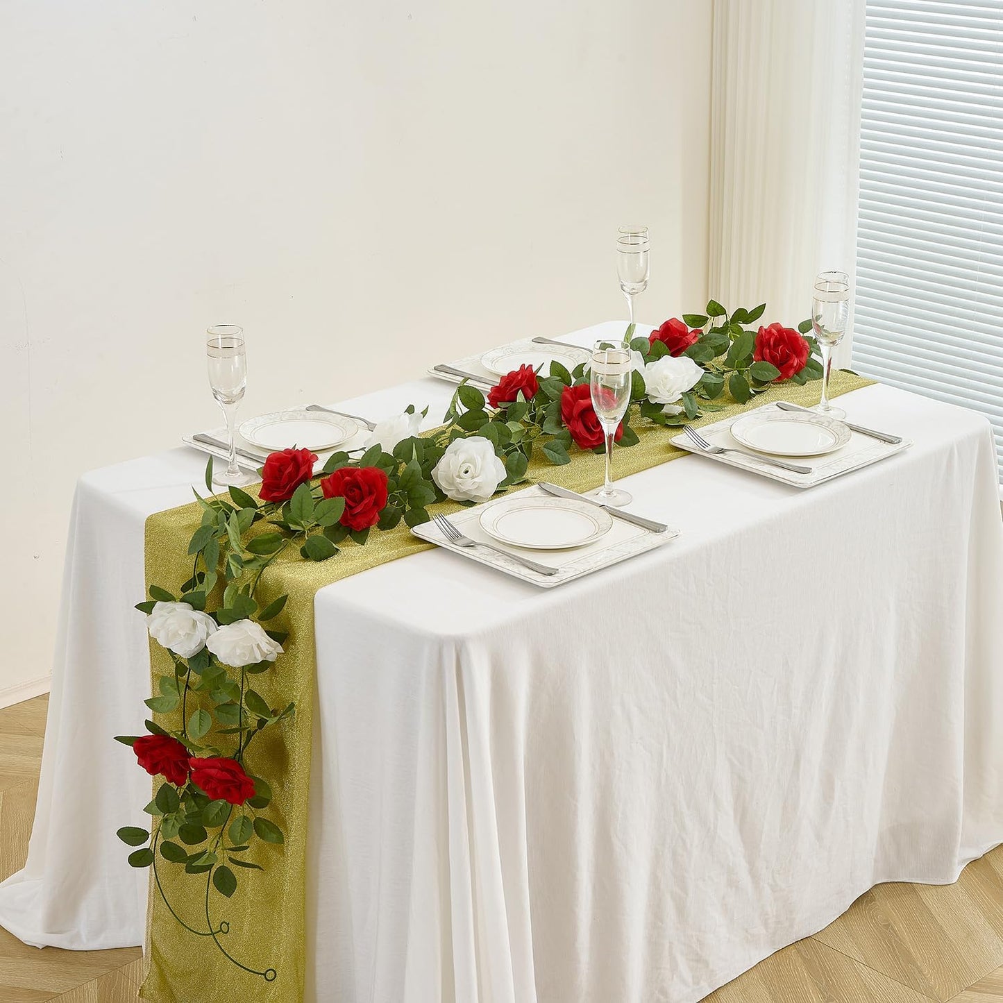 Artificial Rose Garlands Red Rose Vines Leaves Banners Hanging Floral Garland Fake Rose Flower Vine Wall Decorations